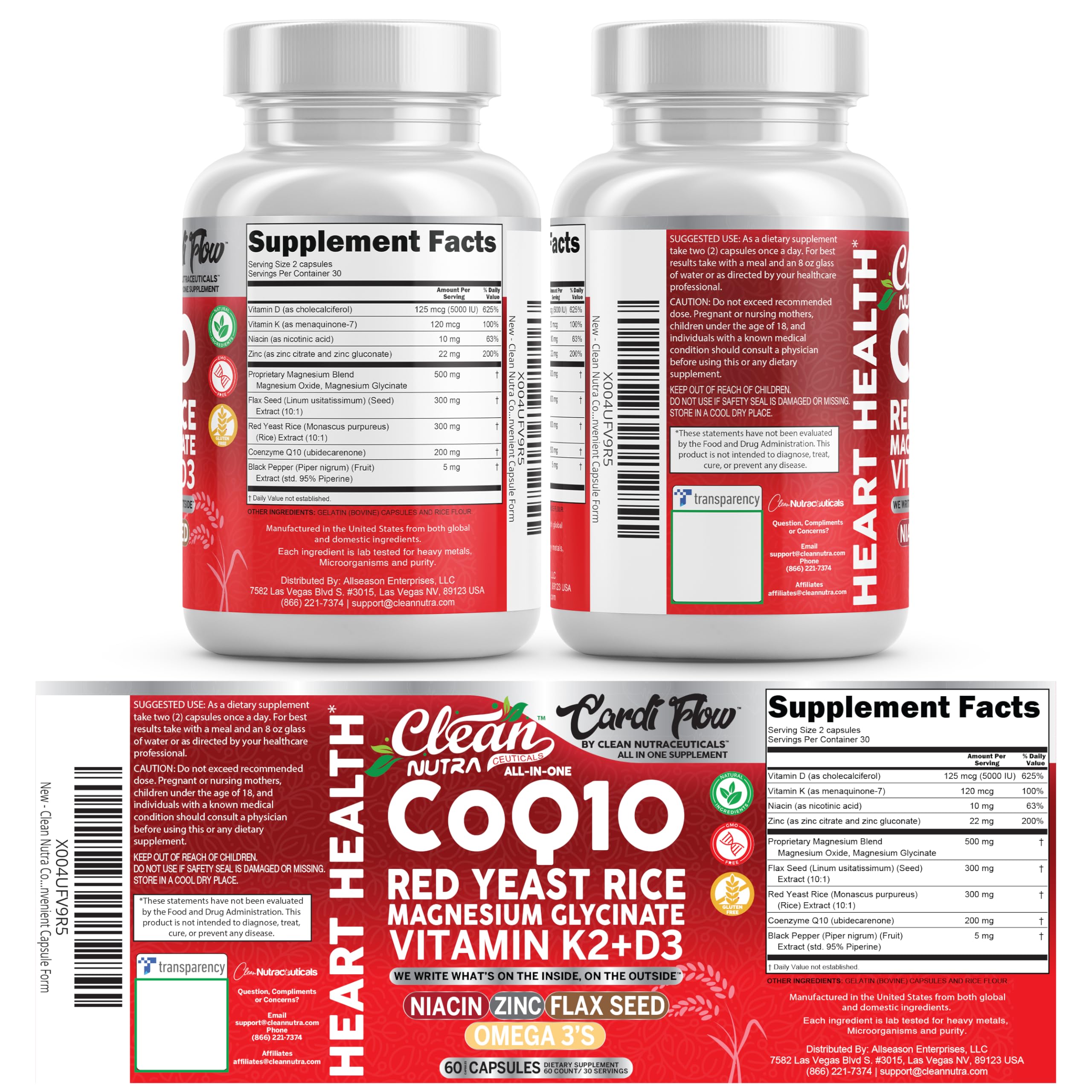 Clean Nutra CoQ10 Red Yeast Rice Magnesium Glycinate Vitamin K2 D3 Niacin Zinc Flax Seed Omega 3 Capsules 60 Count All in One Formula Premium Ingredients Dietary Supplement Clean Nutraceuticals buy supplements canada