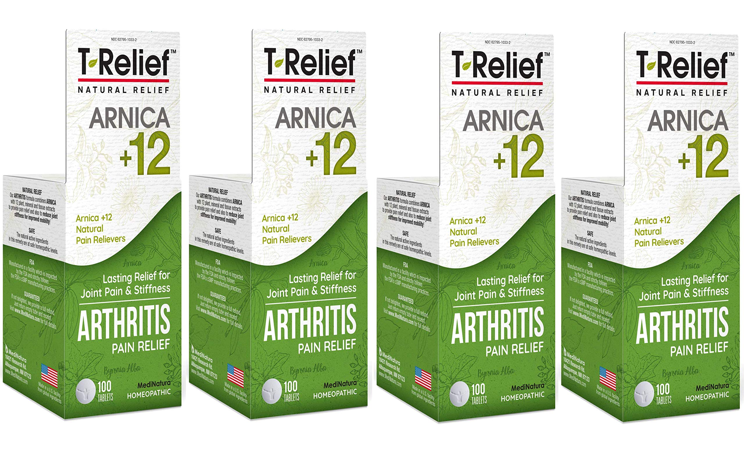 MediNatura T-Relief Extra Strength Arthritis Pain Reliever Arnica +12 Natural Medicines for Joint Soreness Stiffness Aches, Quick Dissolving Pain Relief for Women & Men - 100 Tablets (4 Pack) MediNatura buy supplements canada