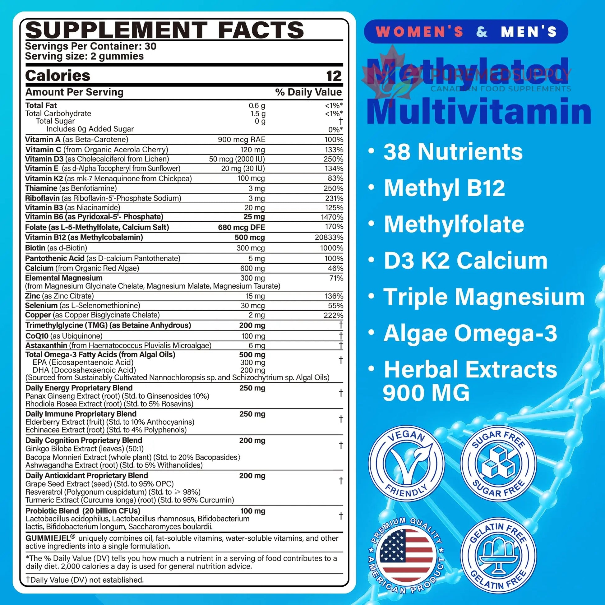 Methylated Multivitamin for Women & Men Gummies w/ Omega-3, Calcium, D3 K2, Methylfolate & B12, TMG, Daily Vitamins, Mag, CoQ10, Probiotic for 18 30 40 50 60 70+, Overall Health - Vegan, Sugar Free NEVISS buy supplements canada