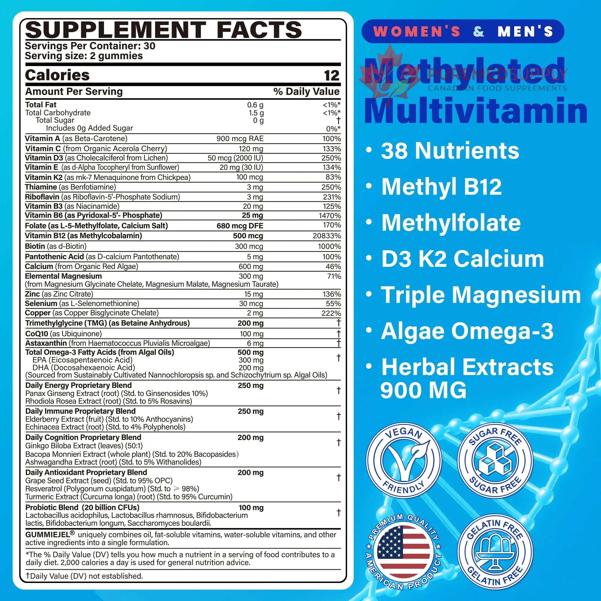 Methylated Multivitamin for Women & Men Gummies w/ Omega-3, Calcium, D3 K2, Methylfolate & B12, TMG, Daily Vitamins, Mag, CoQ10, Probiotic for 18 30 40 50 60 70+, Overall Health - Vegan, Sugar Free NEVISS buy supplements canada