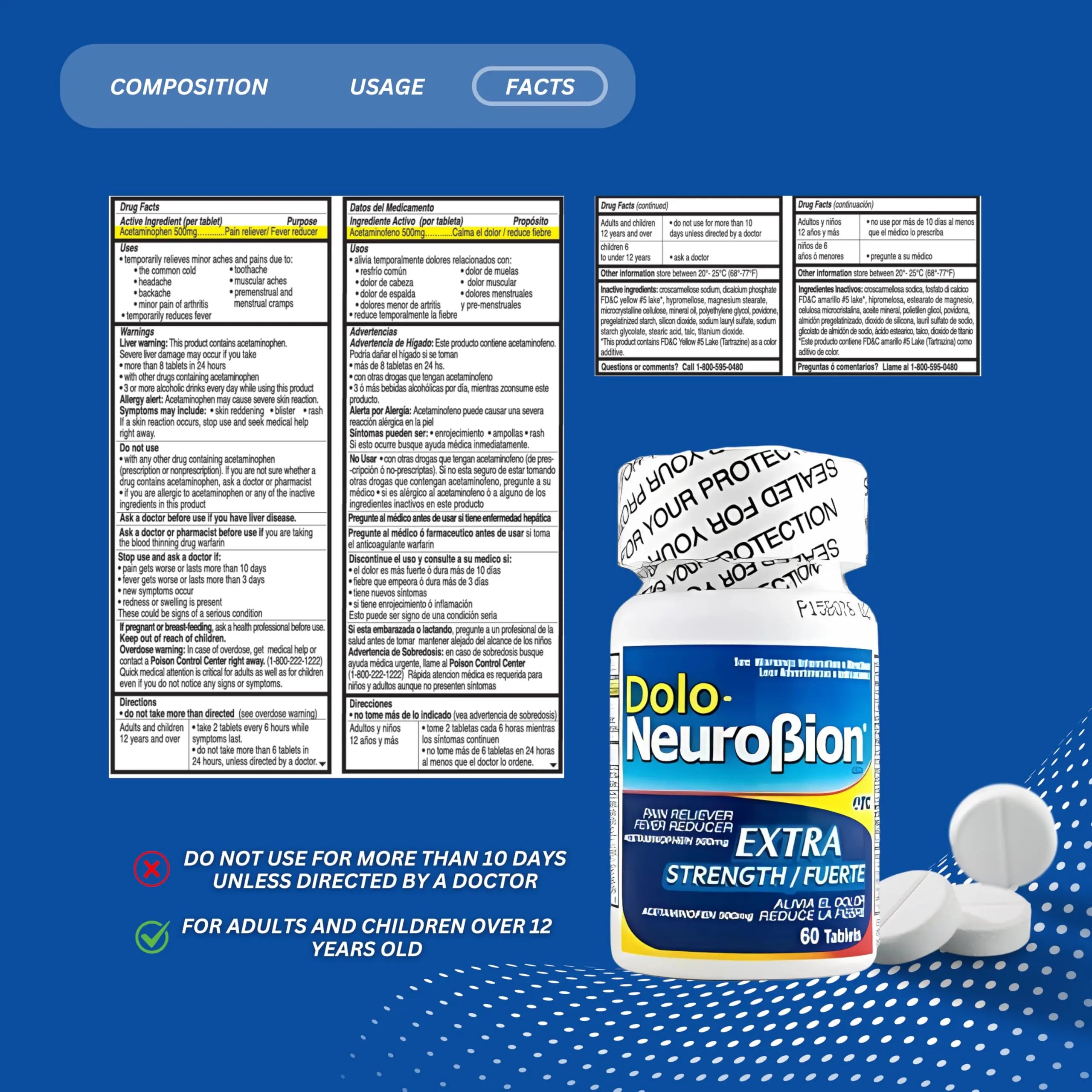 Dolo Neurobion Pain Reliever, Fever Reducer, Extra Strength. Alivia el Dolor,Reduce la Fiebre, Extra Fuerte. 60 Tablets. Acetaminophen 500 mg Neurobion buy supplements canada