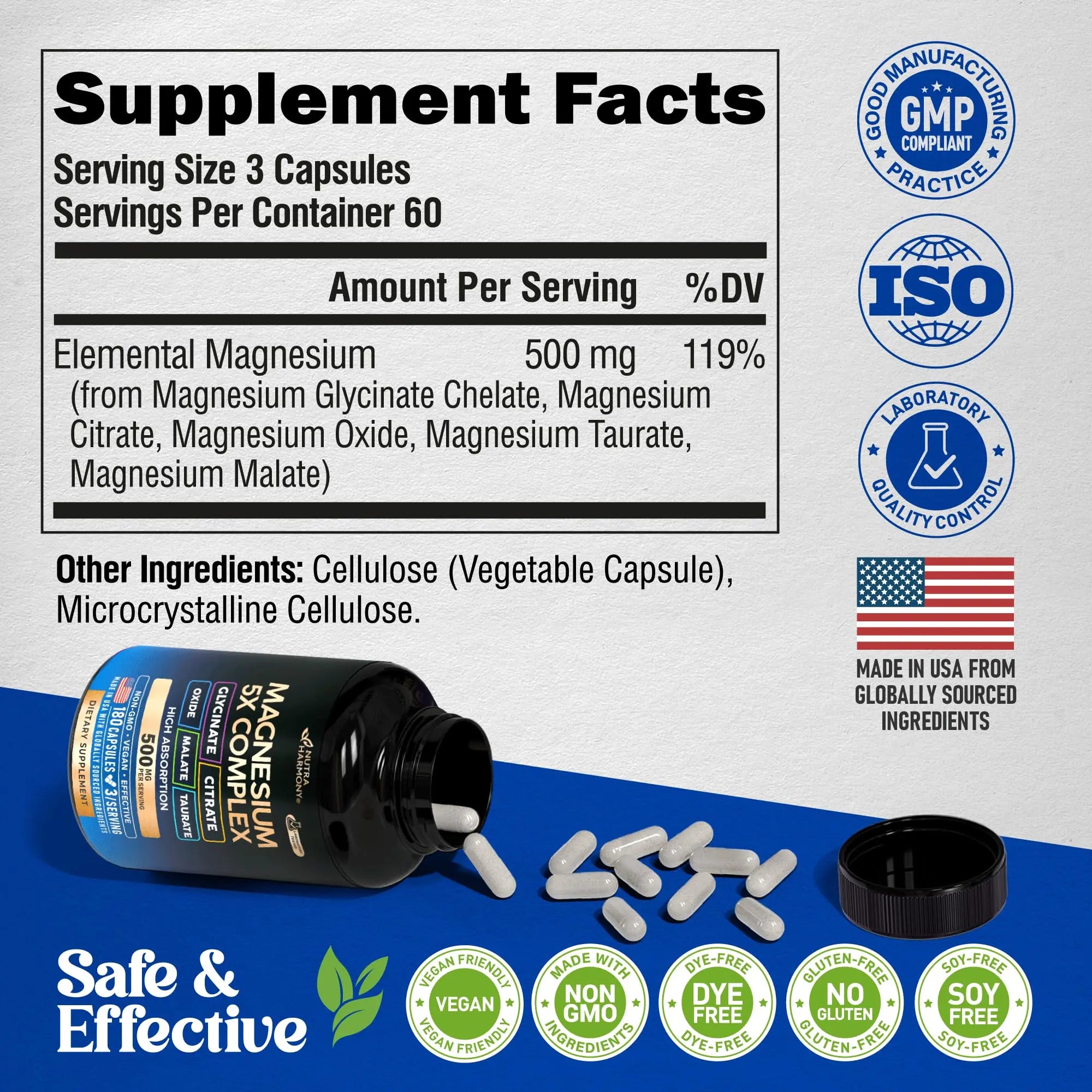 Magnesium Supplement - 5 in 1 Complex | Glycinate | Citrate | Malate | Taurate | Oxide - Made in USA - Stress, Muscle & Heart Support - Vegan, Natural, Non-GMO - 180 Capsules, 2 Month Supply NUTRAHARMONY buy supplements canada