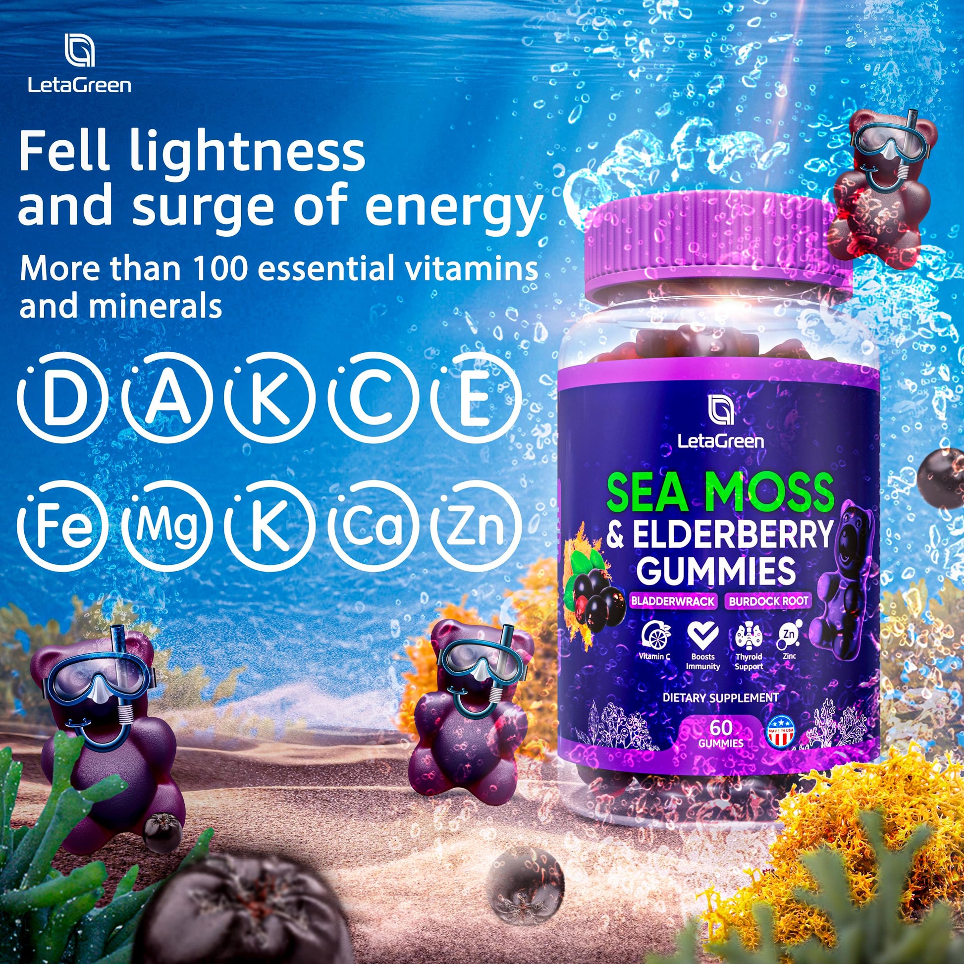 LetaGreen Irish Sea Moss Gummies - 60 Vegan Seamoss Gummies Bears LetaGreen buy supplements canada