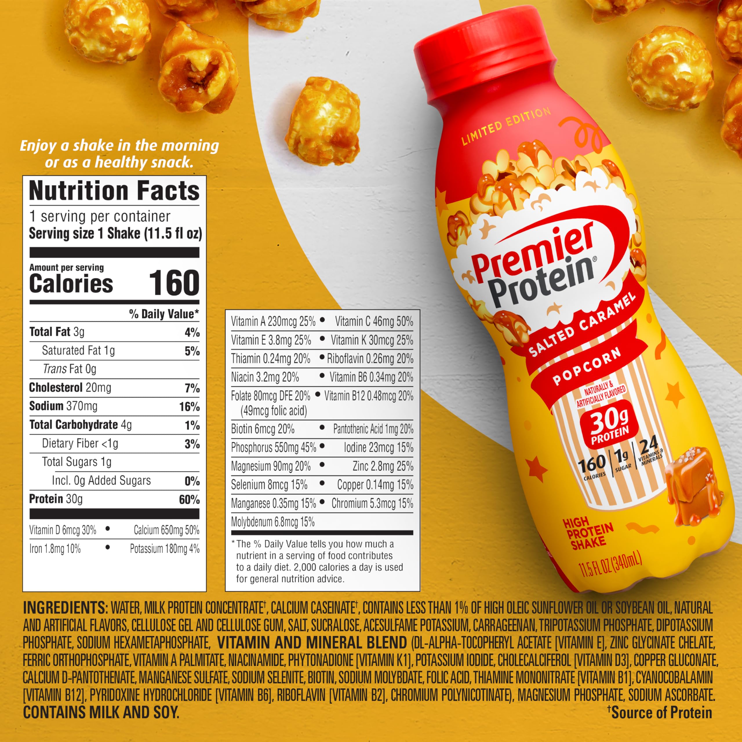 Premier Protein Shake Limited Edition Salted Caramel Popcorn, 30g 1g Sugar 24 Vitamins Premier Protein buy supplements canada
