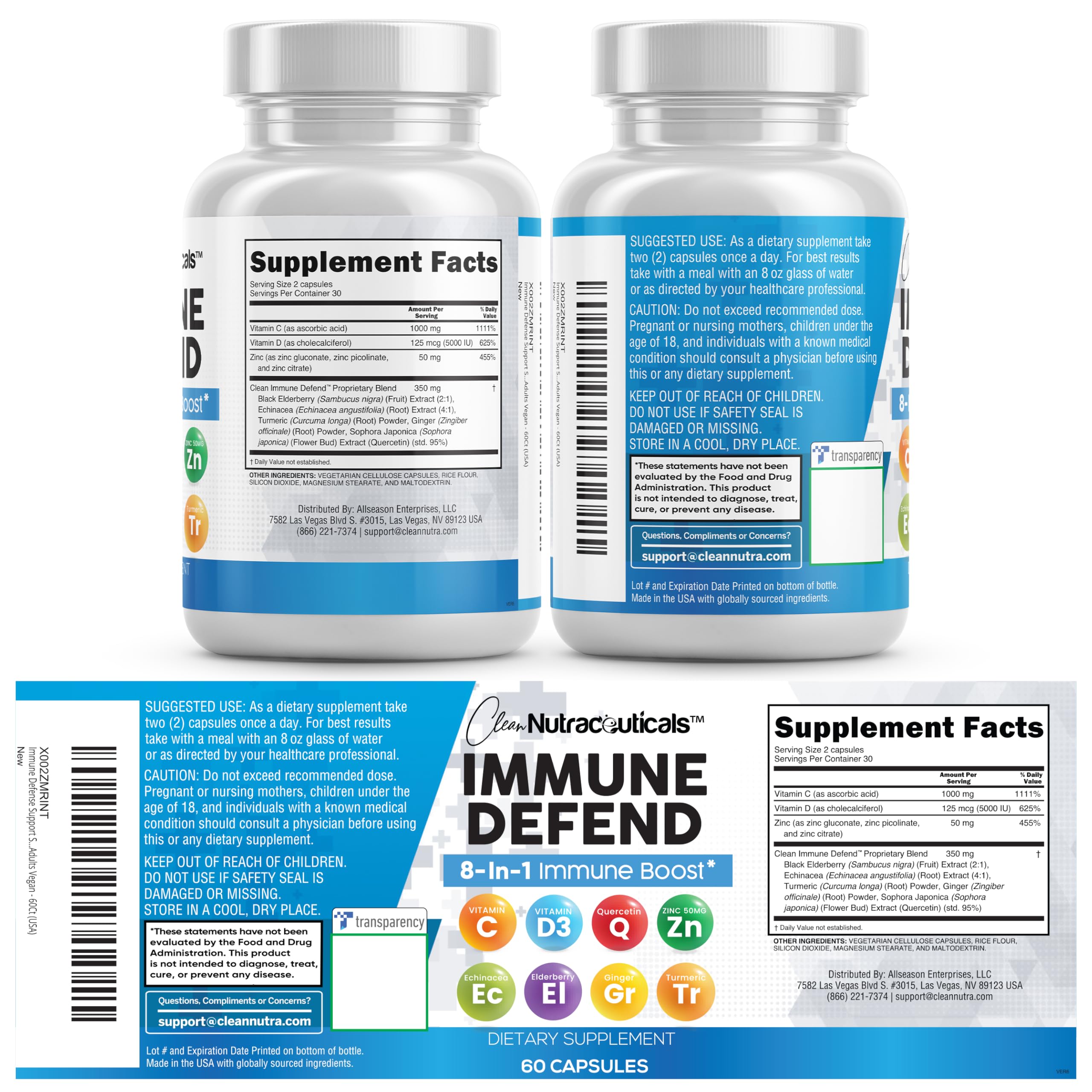 Clean Nutraceuticals Immune Defense Support Supplement 8 in 1 with Zinc 50mg Quercetin, VIT C 1000mg, Vitamin D3 5000 IU, Elderberry, Ginger Clean Nutraceuticals buy supplements canada