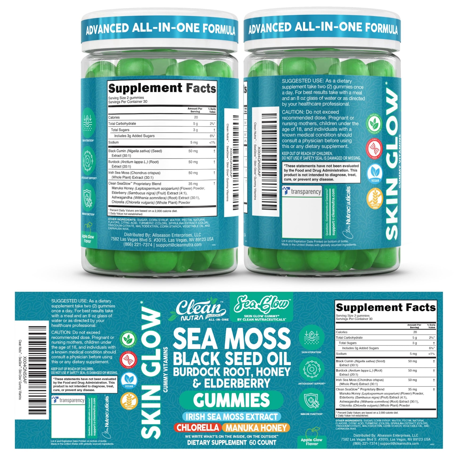 Clean Nutra Sea Moss Gummies Black Seed Oil Chlorella Ashwagandha Root Hair Growth Skin Glow Irish Sea Moss Elderberry Burdock Manuka Honey Trace Minerals Detox 60 Gummy Vitamins Sea Glow Supplement Clean Nutraceuticals buy supplements canada