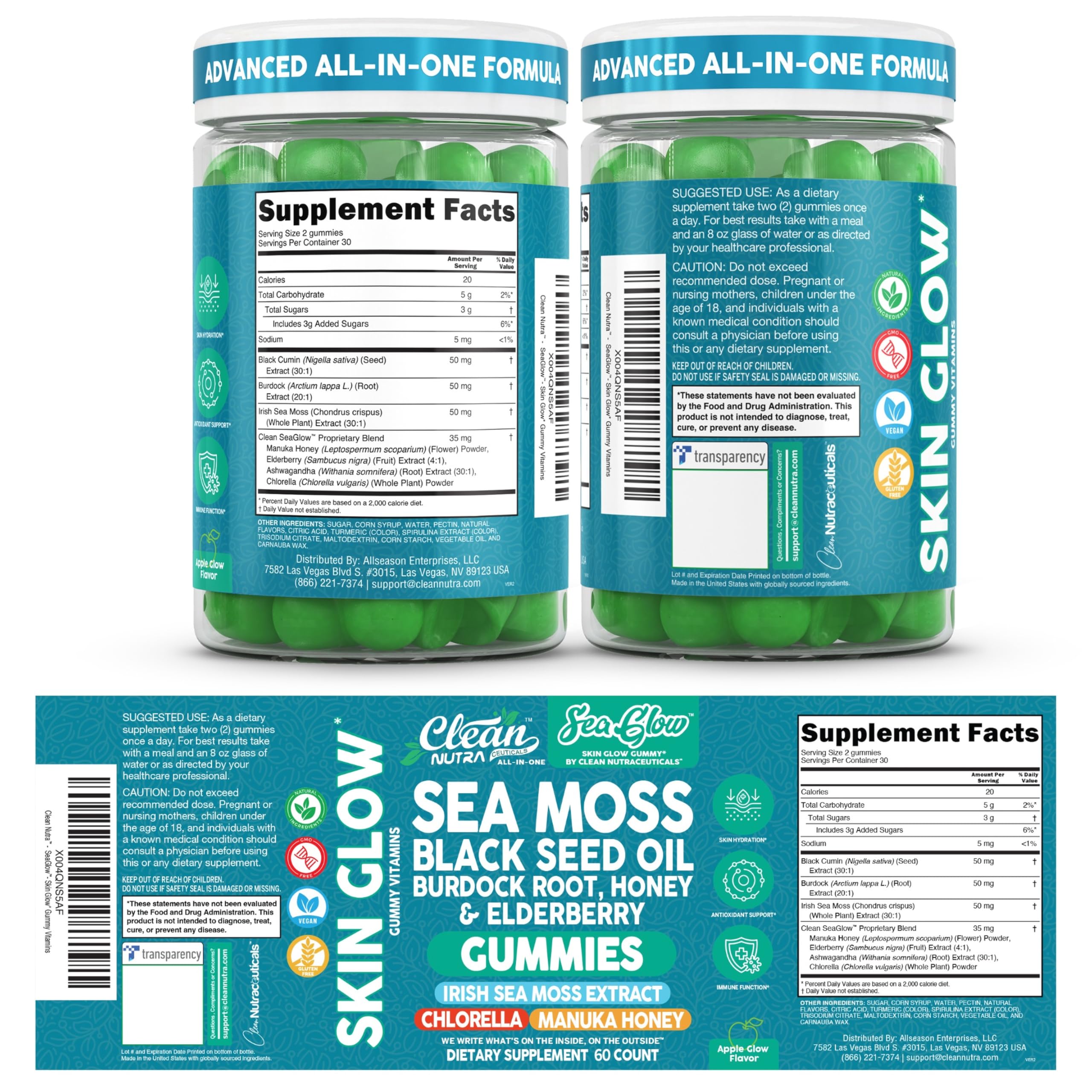 Clean Nutra Sea Moss Gummies Black Seed Oil Chlorella Ashwagandha Root Hair Growth Skin Glow Irish Sea Moss Elderberry Burdock Manuka Honey Trace Minerals Detox 60 Gummy Vitamins Sea Glow Supplement Clean Nutraceuticals buy supplements canada