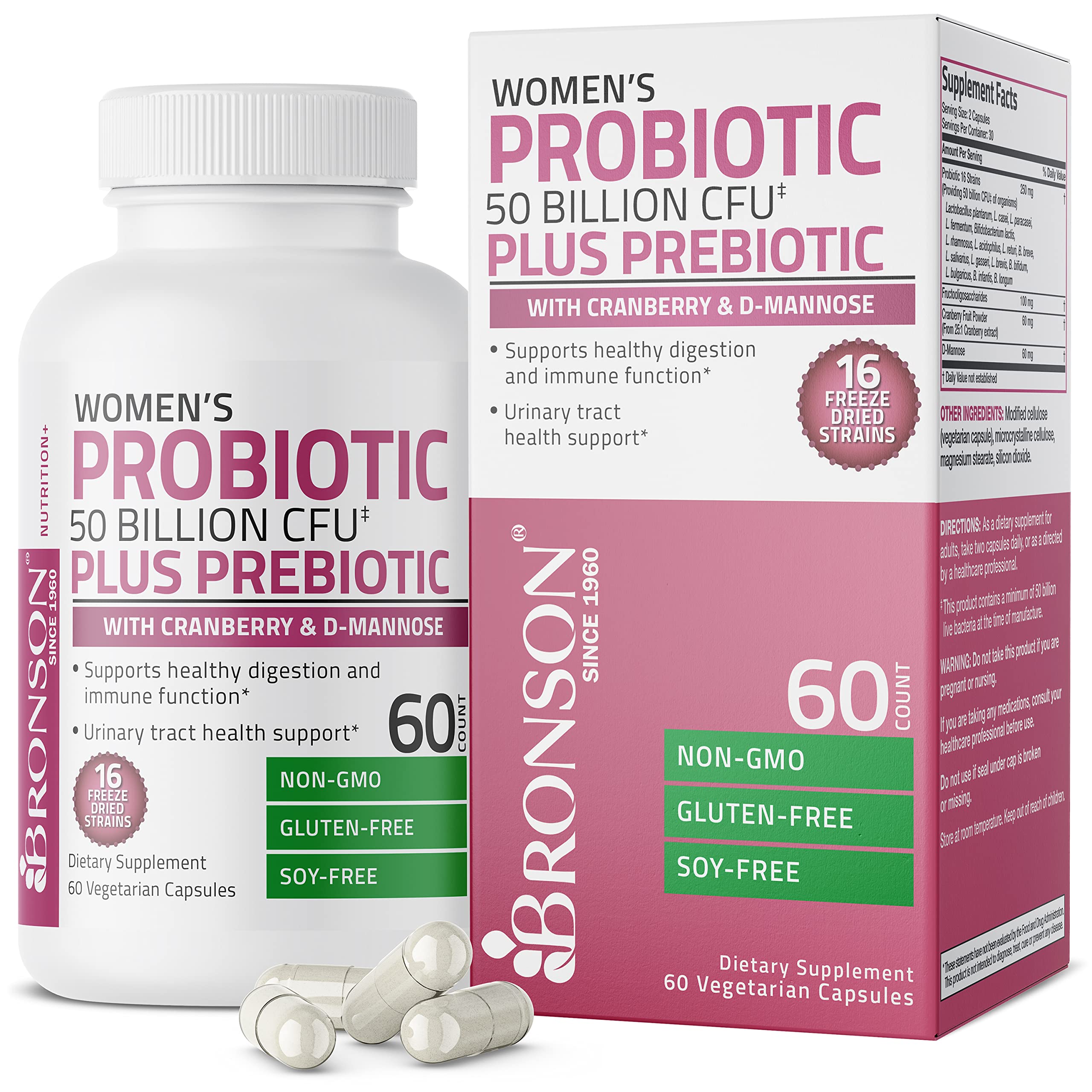 Bronson Women's Probiotic 50 Billion CFU + Prebiotic with Cranberry & D-Mannose – Vaginal Health, Healthy Digestion, Immune Function and Urinary Tract Support, Non-GMO, 60 Vegetarian Capsules Bronson buy supplements canada