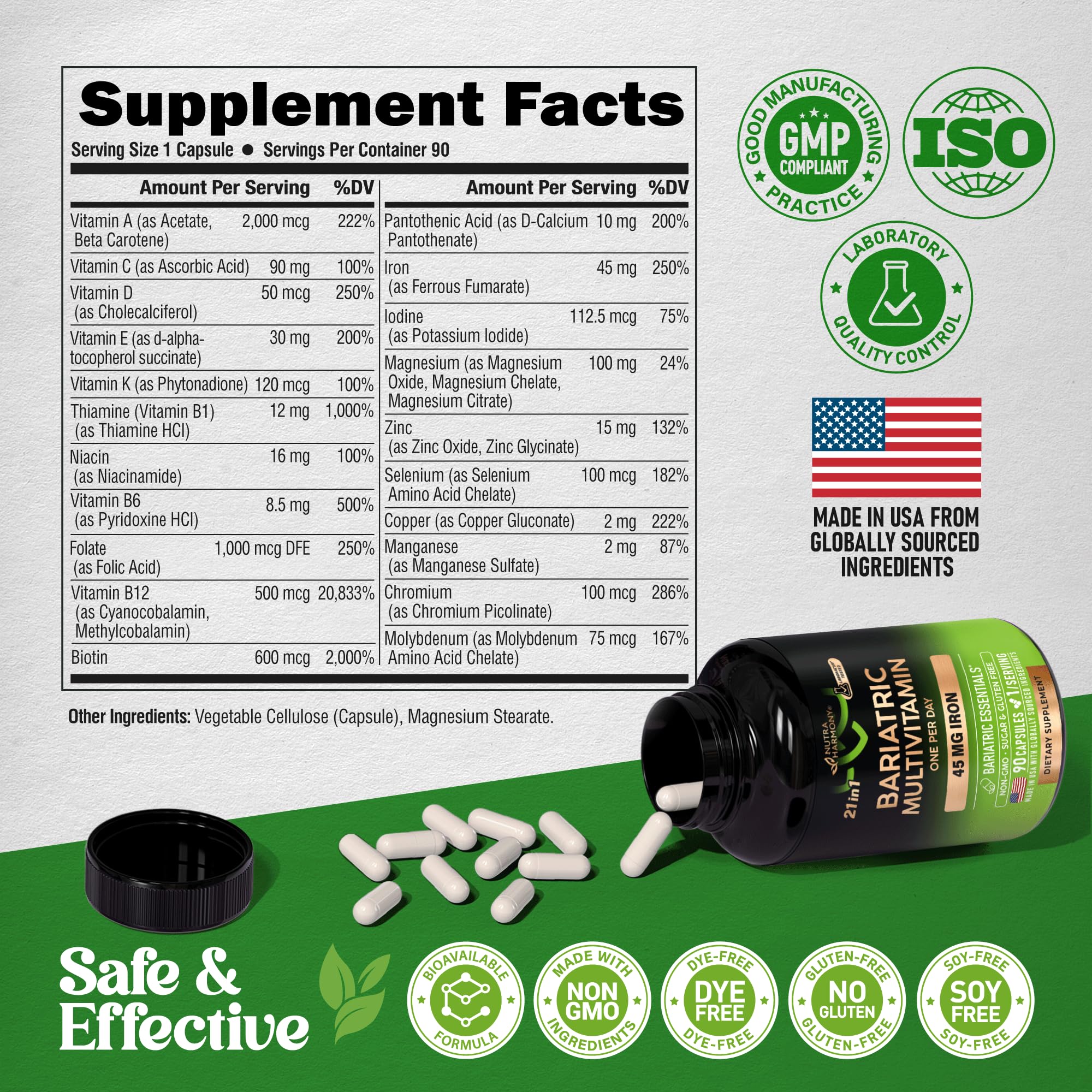 Bariatric Multivitamin - 45 mg Iron Supplements - Made in USA - for Women & Men - All-in-One, 21 Essential Vitamins - Gastric Sleeve Support NUTRAHARMONY buy supplements canada