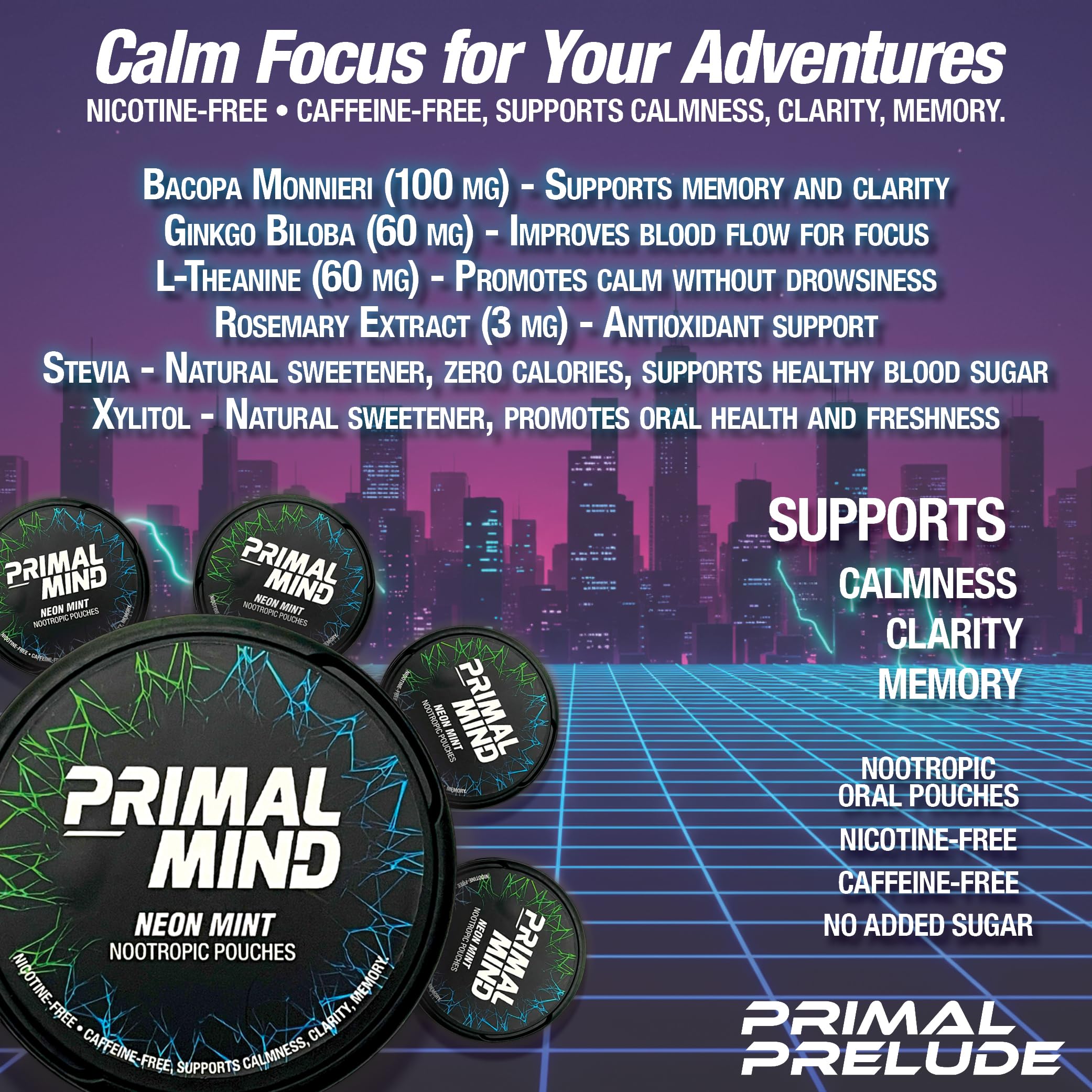 Nootropic Pouches - Primal Mind Caffeine Free Nootropics Pouches Made with Ginkgo Biloba & L-Theanine - Nicotine Free Brain Boost, No Sugar, Cognitive Support – 20 Pouches Per Can, 5 Pack (Neon Mint) Primal Prelude buy supplements canada