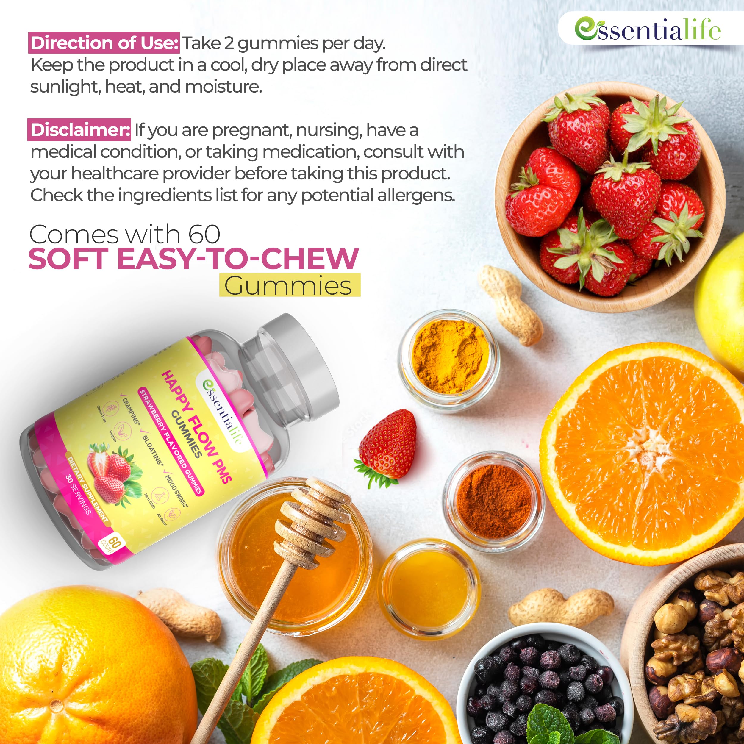 PMS Gummies - Happy Flow PMS Support Supplement for Women - Strawberry PMS Relief Supplement with Vitamin B6 for Hormone Balance, Period Support, Cramps, Hormonal Acne & Bloating Relief (60 Count) Essentialife buy supplements canada