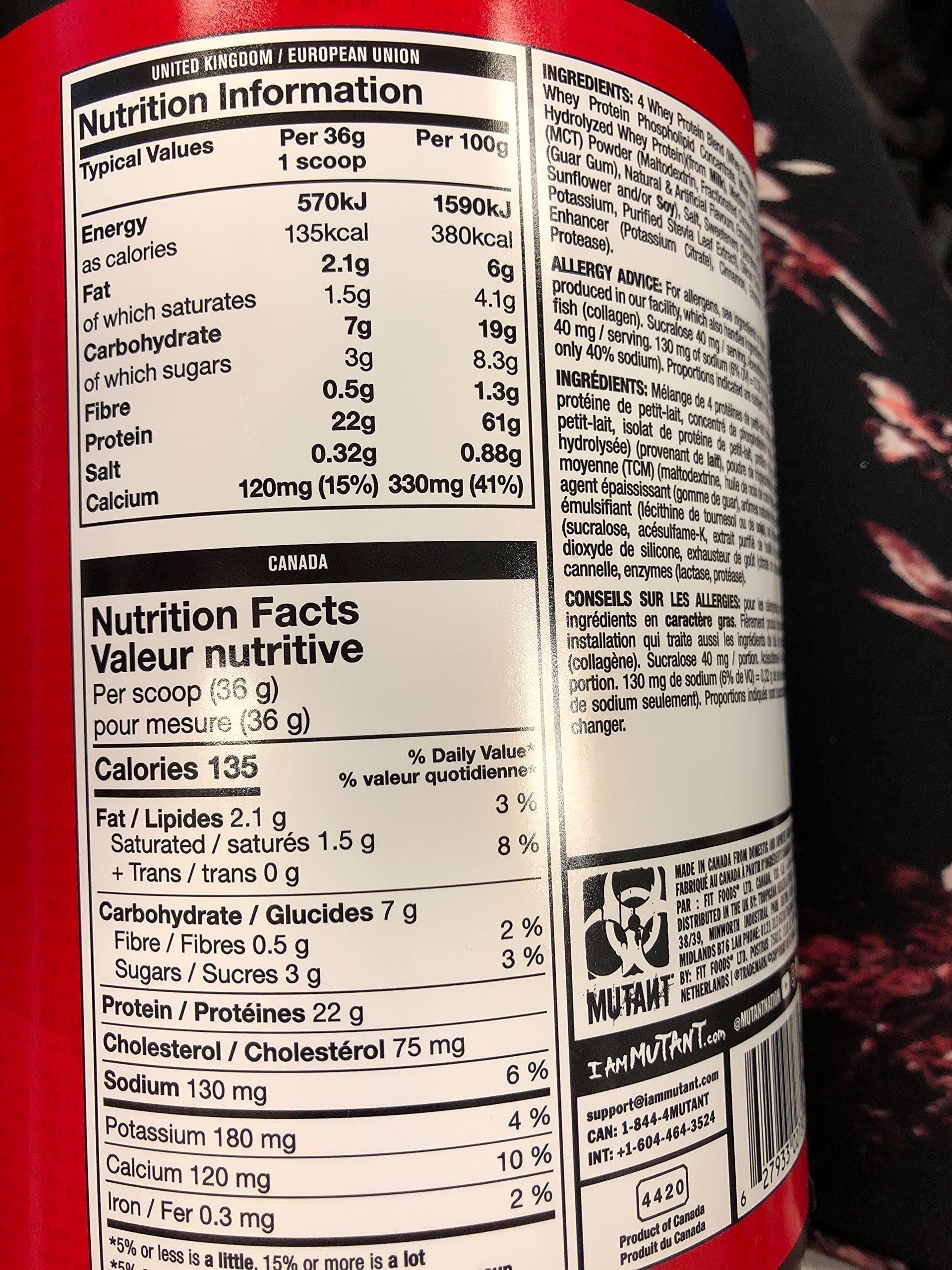 Mutant Whey – 100% Whey Protein Powder, Gourmet Taste, 22g of Protein, 10.4 g EAAs, 5 g BCAAs Mutant buy supplements canada