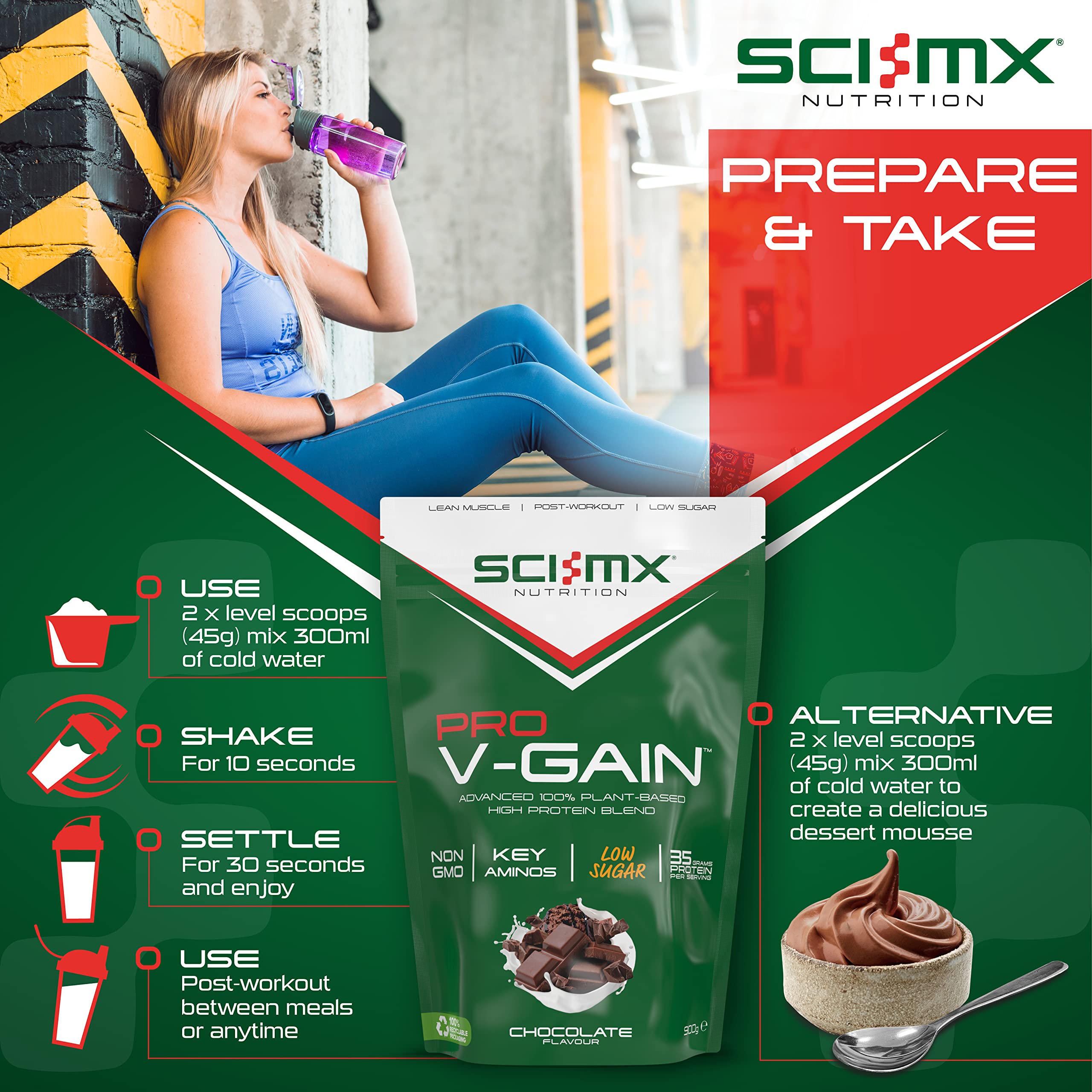 SCI-MX Pro V Gain 100% Plant Based Vegan Protein Formula With No Added Sugar - Chocolate Flavour - 900g - 20 SERVINGS SCI-MX buy supplements canada