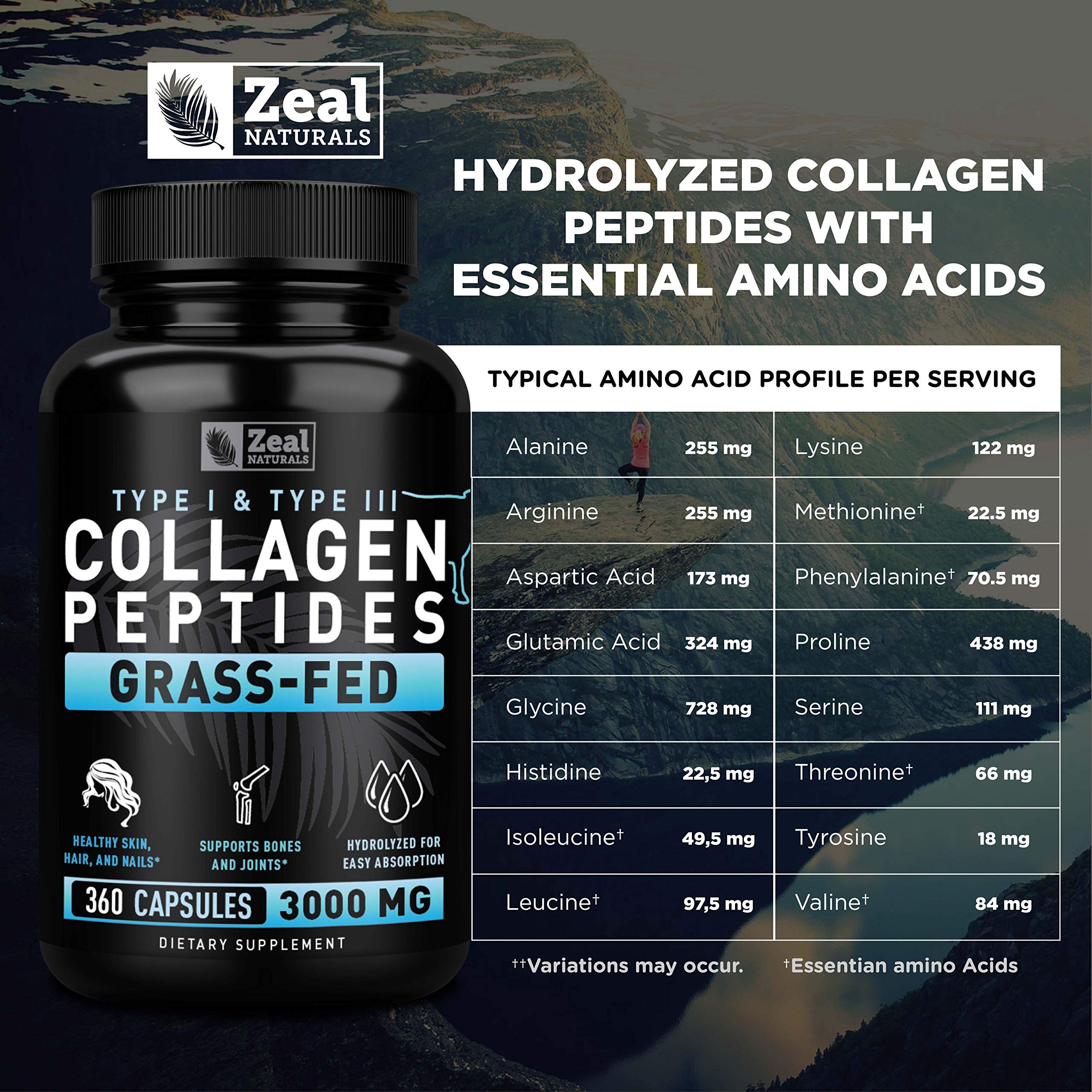 Zeal Naturals Collagen Peptides Collagen Pills (360 Capsules) Grass Fed Collagen Pepetide Powder - Hydrolyzed Collagen Powder for JointTendon SupplementHair Skin and Nails - Zeal Naturals buy supplements canada