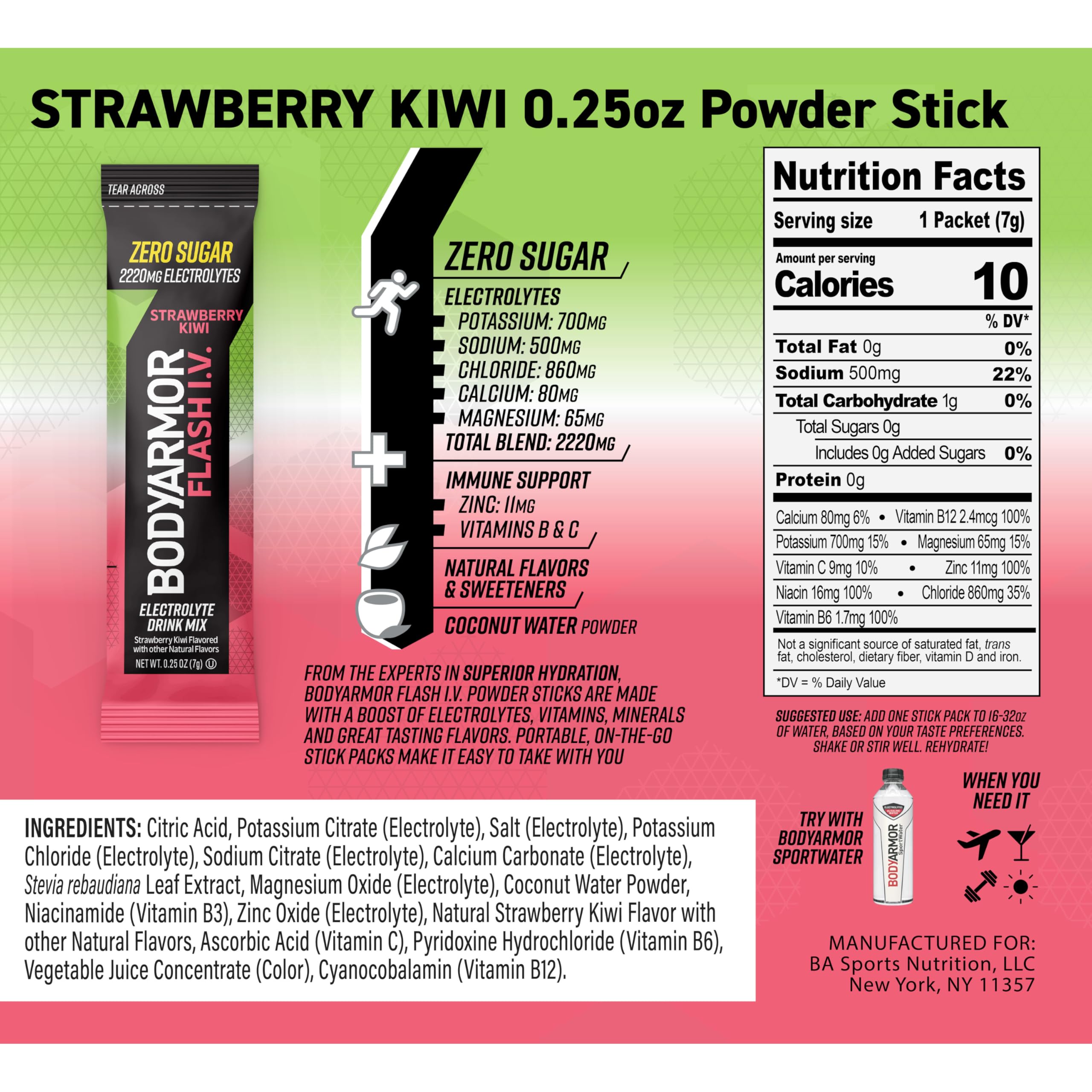 BODYARMOR Flash IV Electrolyte Packets, Strawberry Kiwi - Zero Sugar Drink Mix, Single Serve Packs, Coconut Water Powder (15 Count) BODYARMOR buy supplements canada
