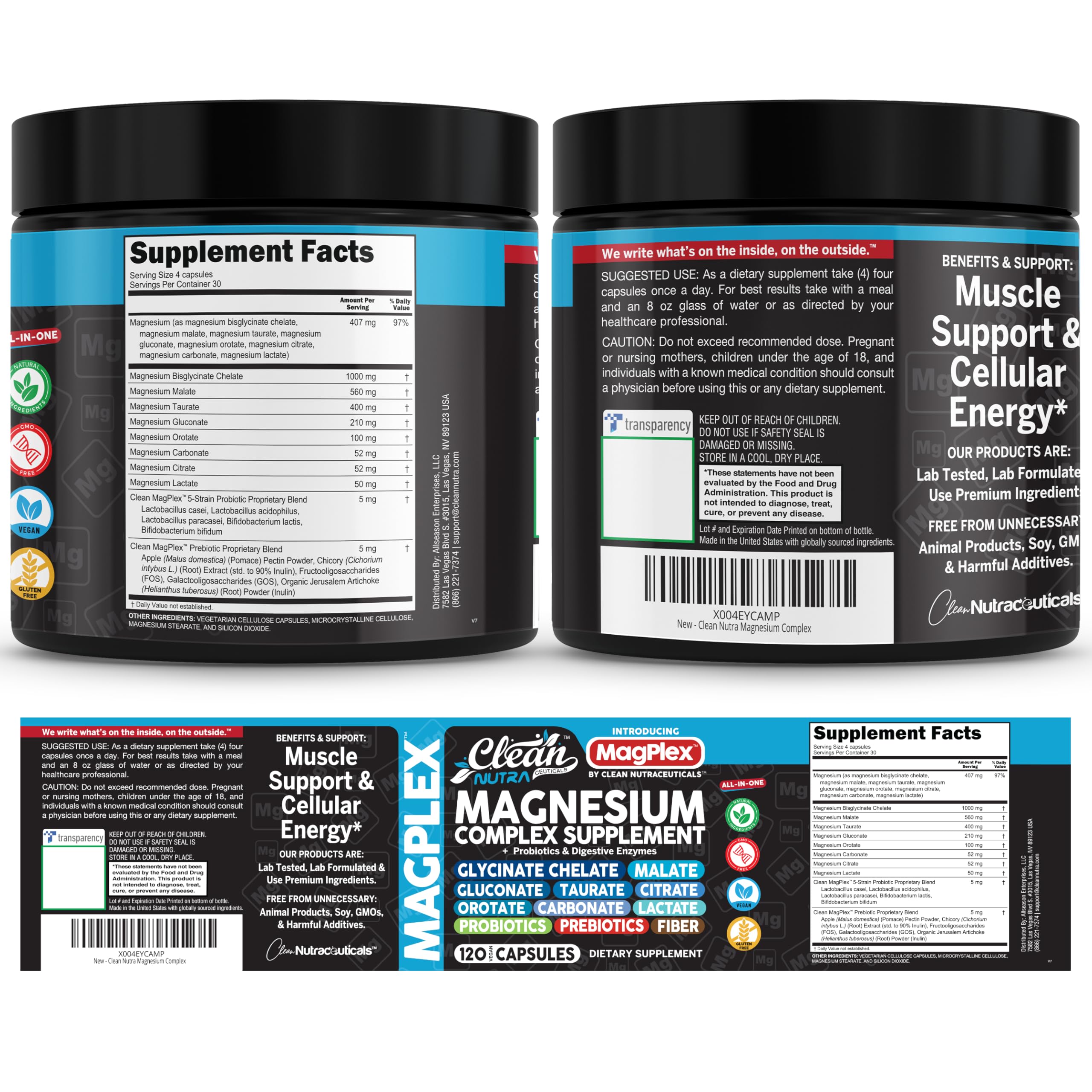 8in1 Magnesium Supplement Complex | Magnesium Glycinate Citrate Malate Gluconate Orotate Carbonate Lactate + Prebiotics Probiotics Digestive Enzymes Magnesio Clean Nutraceuticals buy supplements canada