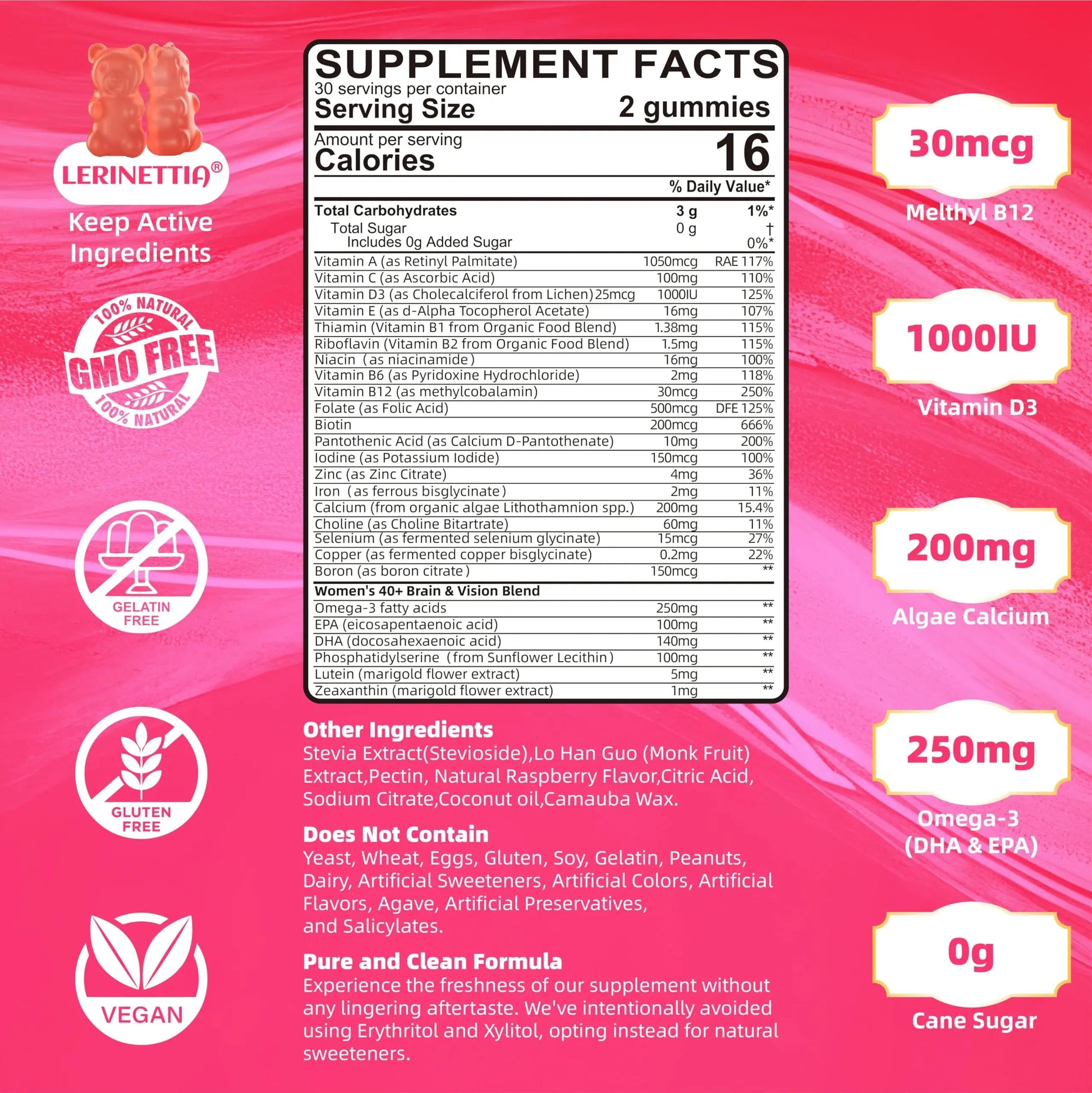 Multivitamin for Women Gummies for 40+ with Omega-3, Niacinamide, B-Complex, Lutein, Iron, Choline, Phosphatidylserine, Vitamin D3 Lerinettia buy supplements canada