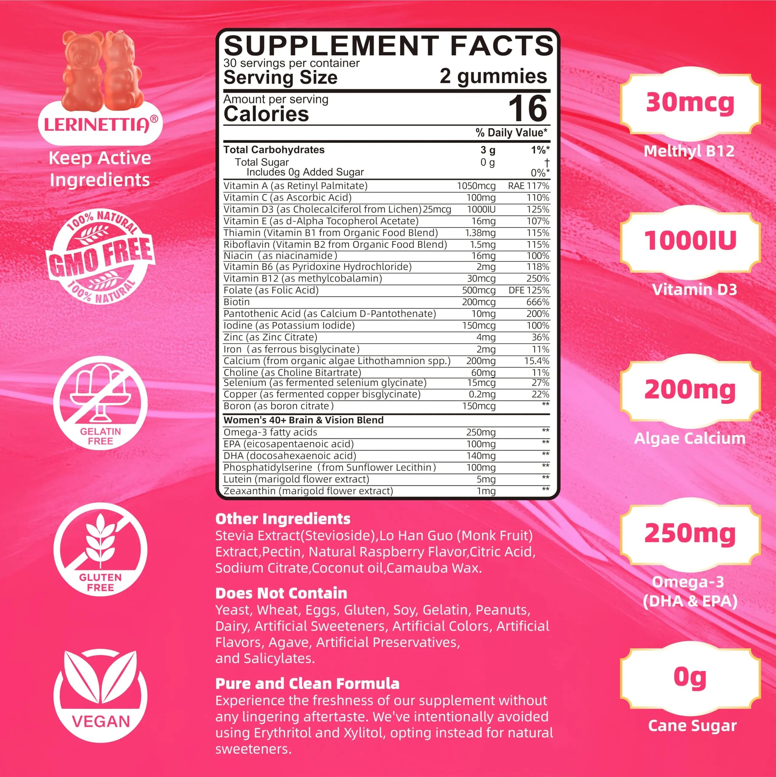 Multivitamin for Women Gummies for 40+ with Omega-3, Niacinamide, B-Complex, Lutein, Iron, Choline, Phosphatidylserine, Vitamin D3 Lerinettia buy supplements canada