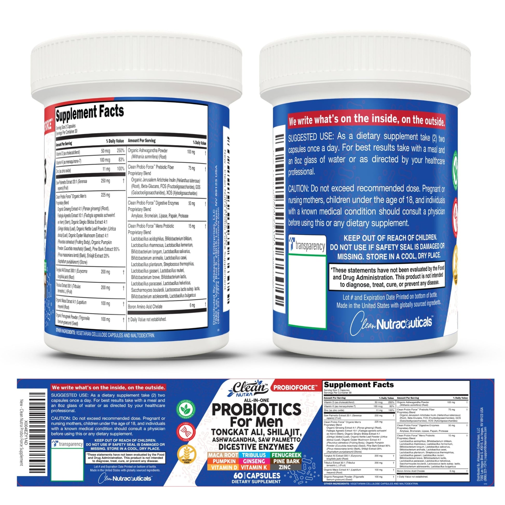 Clean Nutra Probiotics for Men | Tongkat Ali, Saw Palmetto, Tribulus, Ginseng, Ashwagandha, Maca, Pumpkin, Gingko Biloba, Pine Bark, Fenugreek, Shilajit, Zinc - Mens Probiotic 60 Capsules Clean Nutraceuticals buy supplements canada