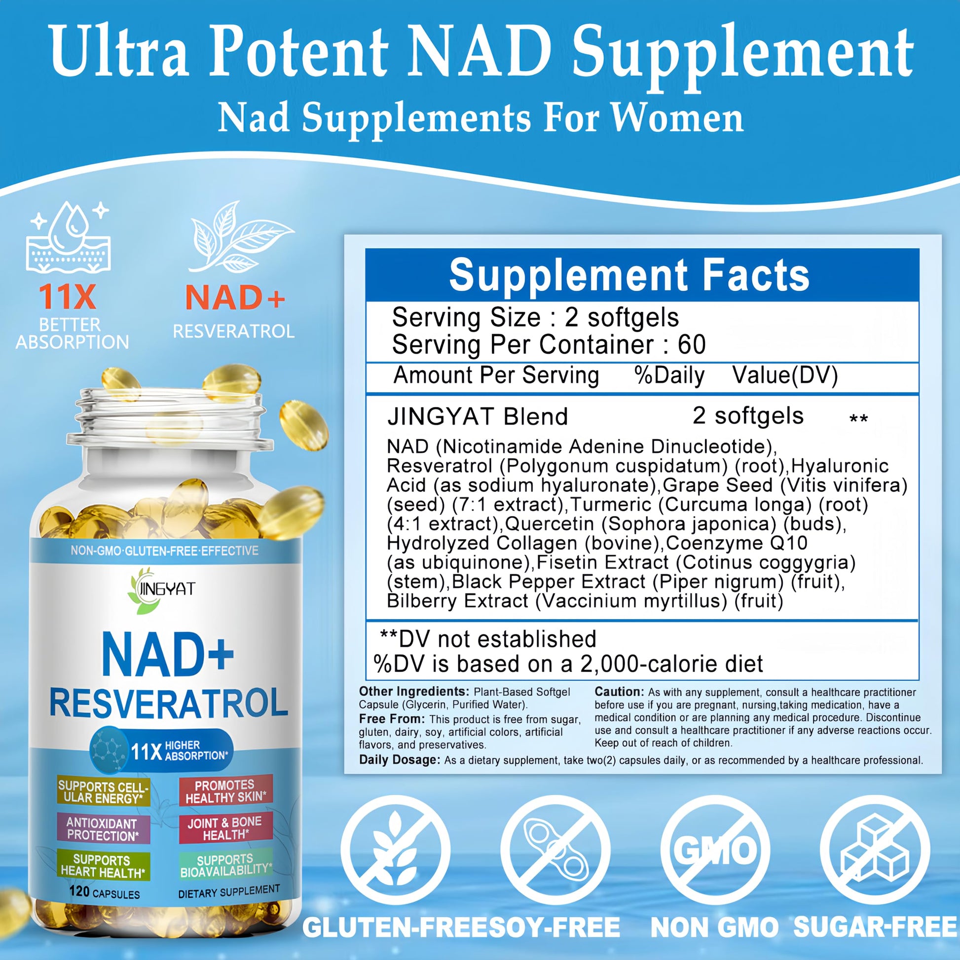 JINGYAT 11-in-1 NAD Supplement with Resveratrol, CoQ10, Quercetin, Collagen, Grape Seed for Cellular Energy, Mental Focus & Antioxidant Support - NAD Supplement for Women & Men, 120 Soft Capsules JINGYAT buy supplements canada