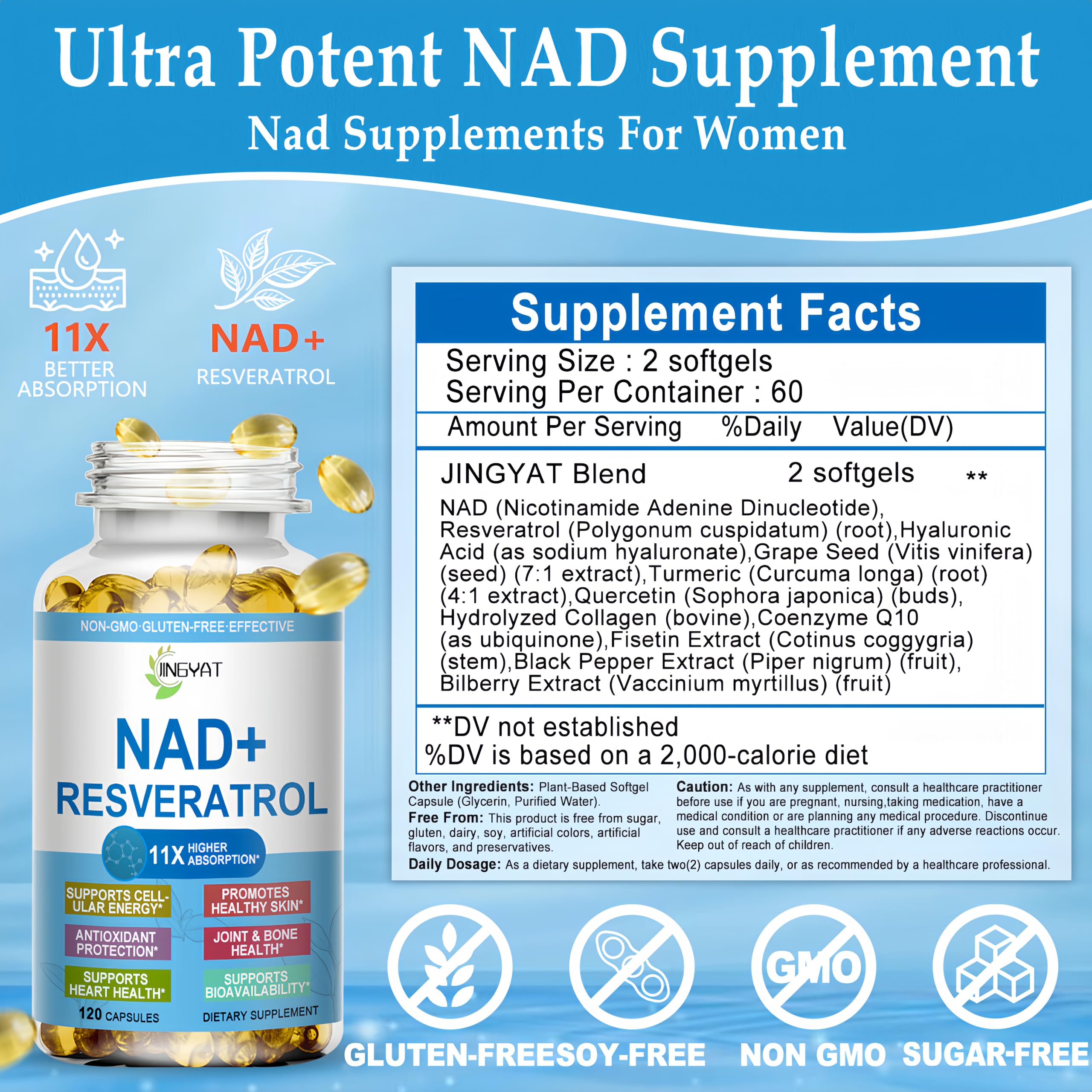 JINGYAT 11-in-1 NAD Supplement with Resveratrol, CoQ10, Quercetin, Collagen, Grape Seed for Cellular Energy, Mental Focus & Antioxidant Support - NAD Supplement for Women & Men, 120 Soft Capsules JINGYAT buy supplements canada
