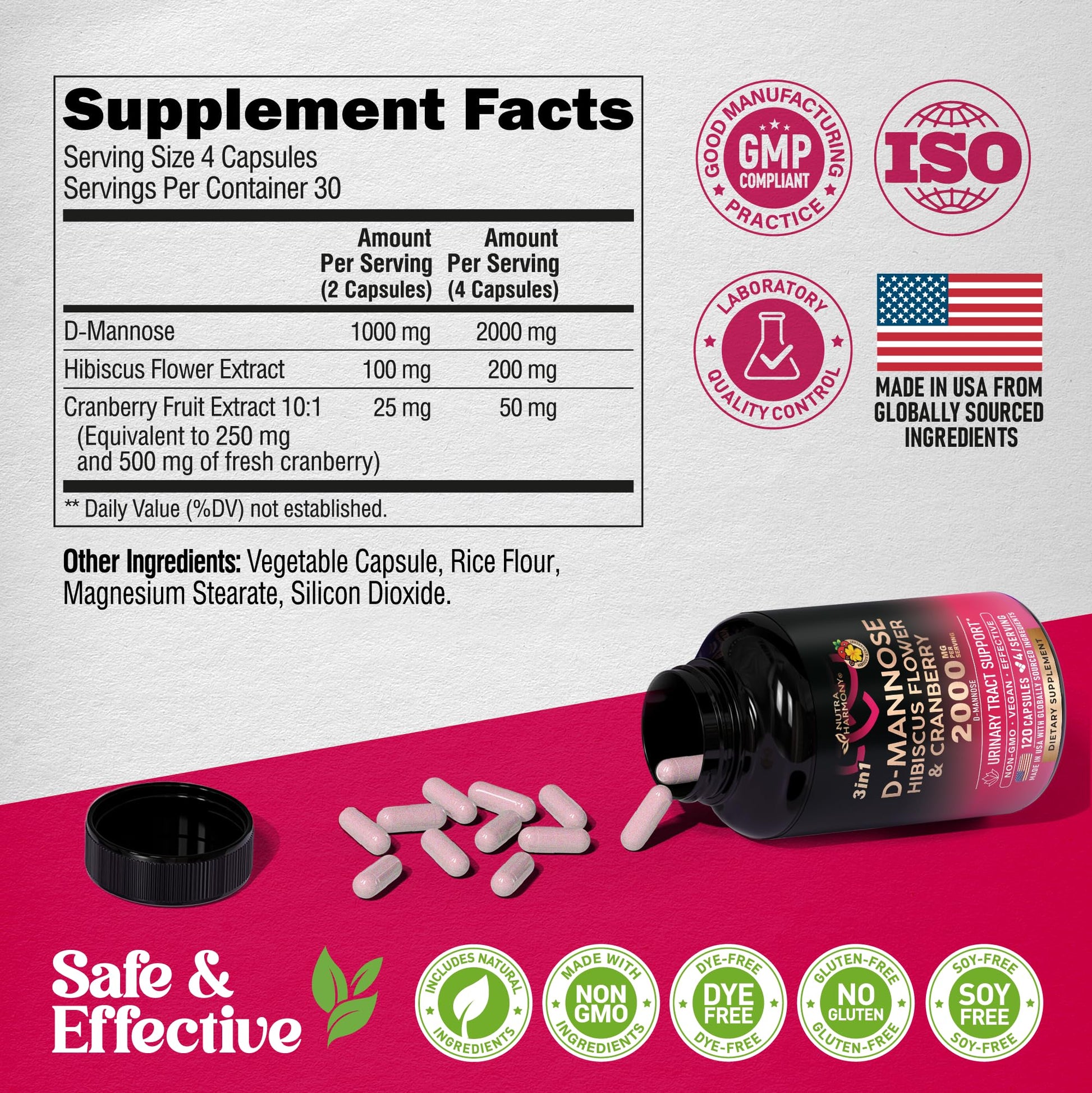 D-Mannose 2000mg with Cranberry & Hibiscus - Clinically Tested Strength for Urinary Tract Health - Supplement for Women - Bladder, Liver & Microflora Support - Made in USA - Vegan, 120 Capsules NUTRAHARMONY buy supplements canada