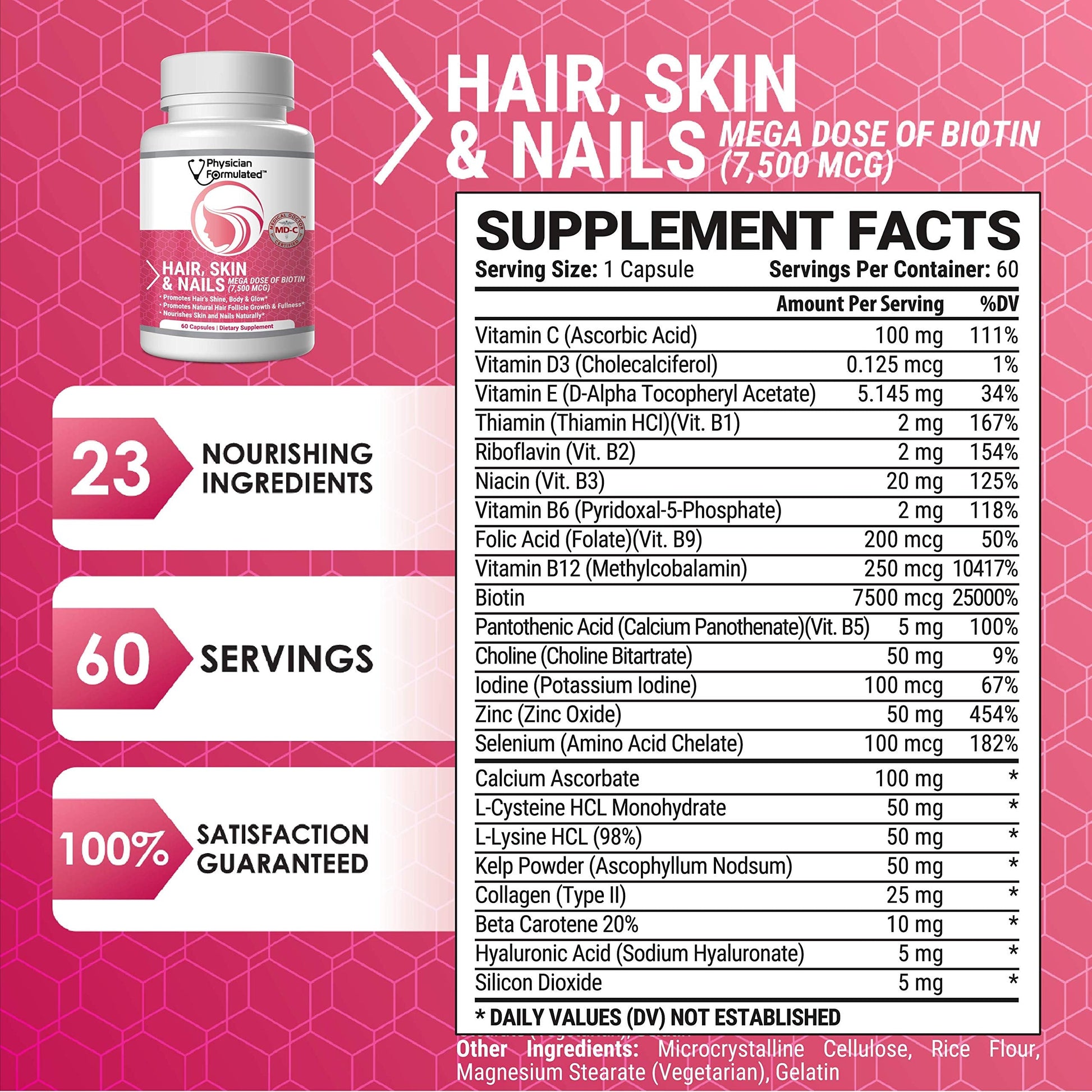 Physician Formulated Healthy Hair Skin and Nails Vitamins for Men and Women - 7500 mcg Biotin, Amino Acids, Collagen and Hyaluronic Acid - 60 Capsules Physician Formulated buy supplements canada