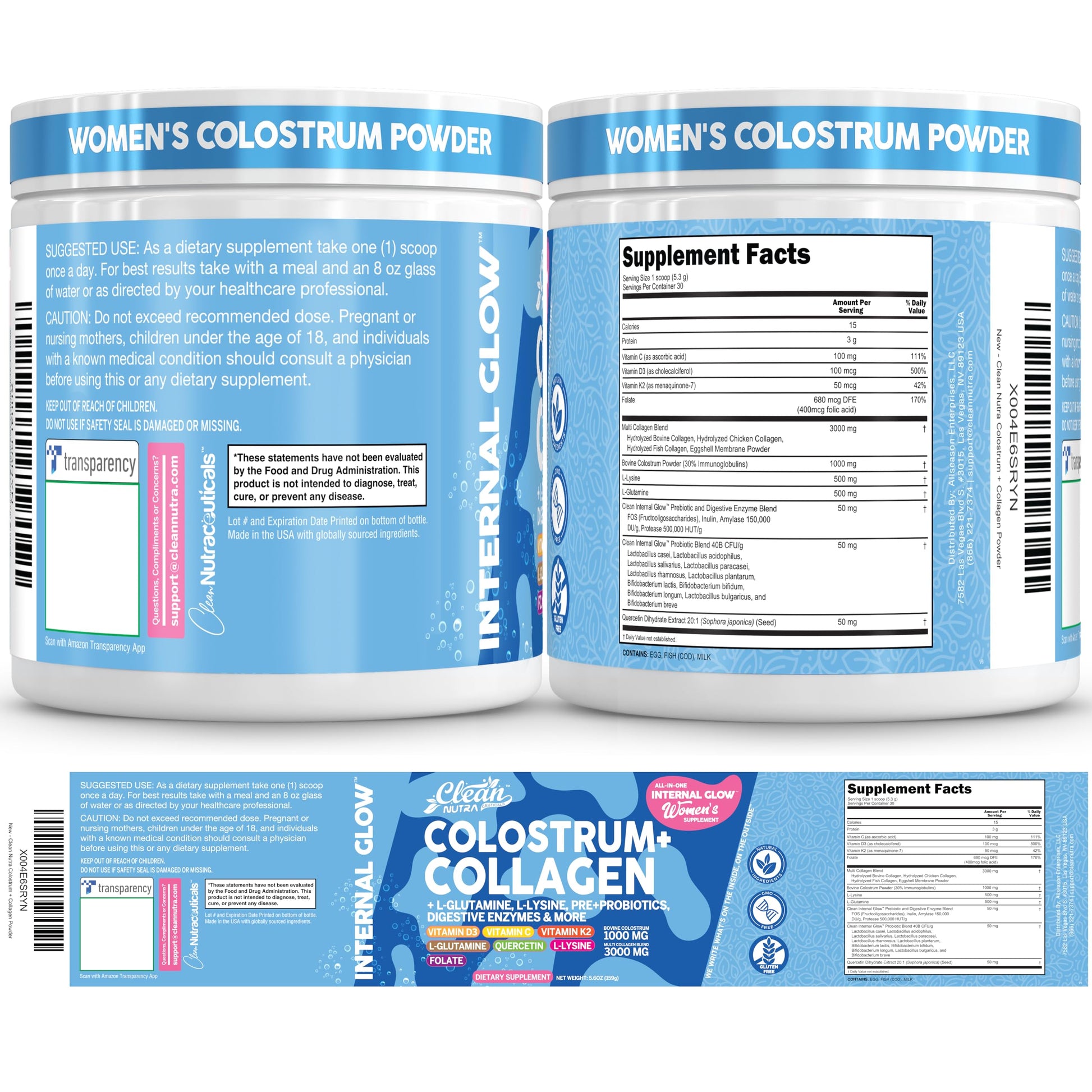 Bovine Colostrum Powder + Collagen Peptides with L-Glutamine L-Lysine Prebiotics Probiotics Digestive Enzymes Vitamin D K2 C Quercetin & Folate | Gut Health Supplement Internal Glow By Clean Nutra Clean Nutraceuticals buy supplements canada