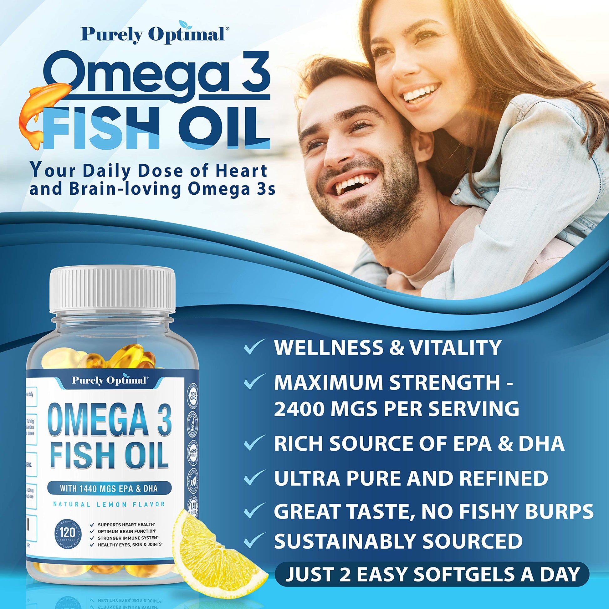 Premium Omega 3 Fish Oil Supplement 2400mg - Burpless Fish Oil Omega3 Softgels Purely Optimal buy supplements canada