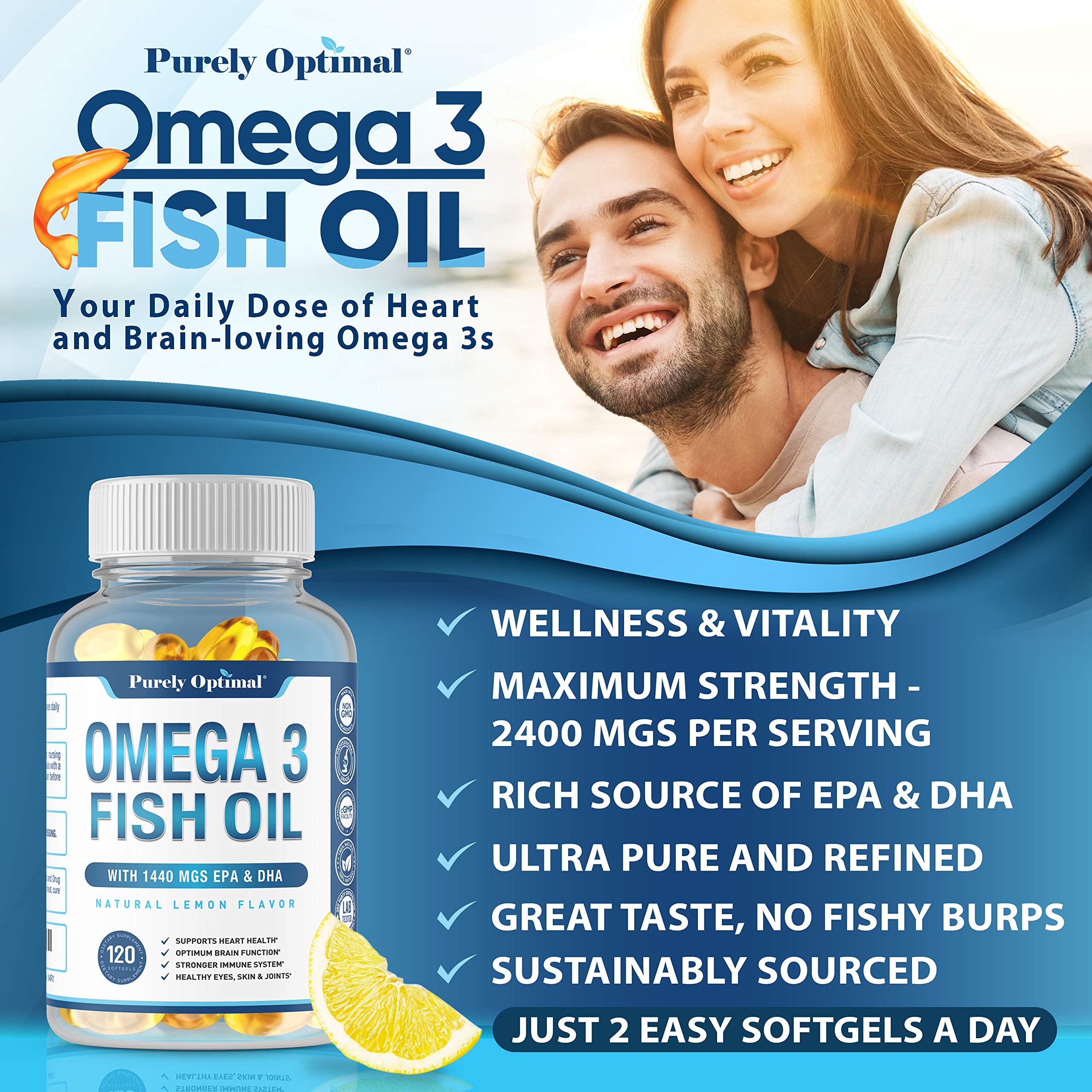 Premium Omega 3 Fish Oil Supplement 2400mg - Burpless Fish Oil Omega3 Softgels Purely Optimal buy supplements canada