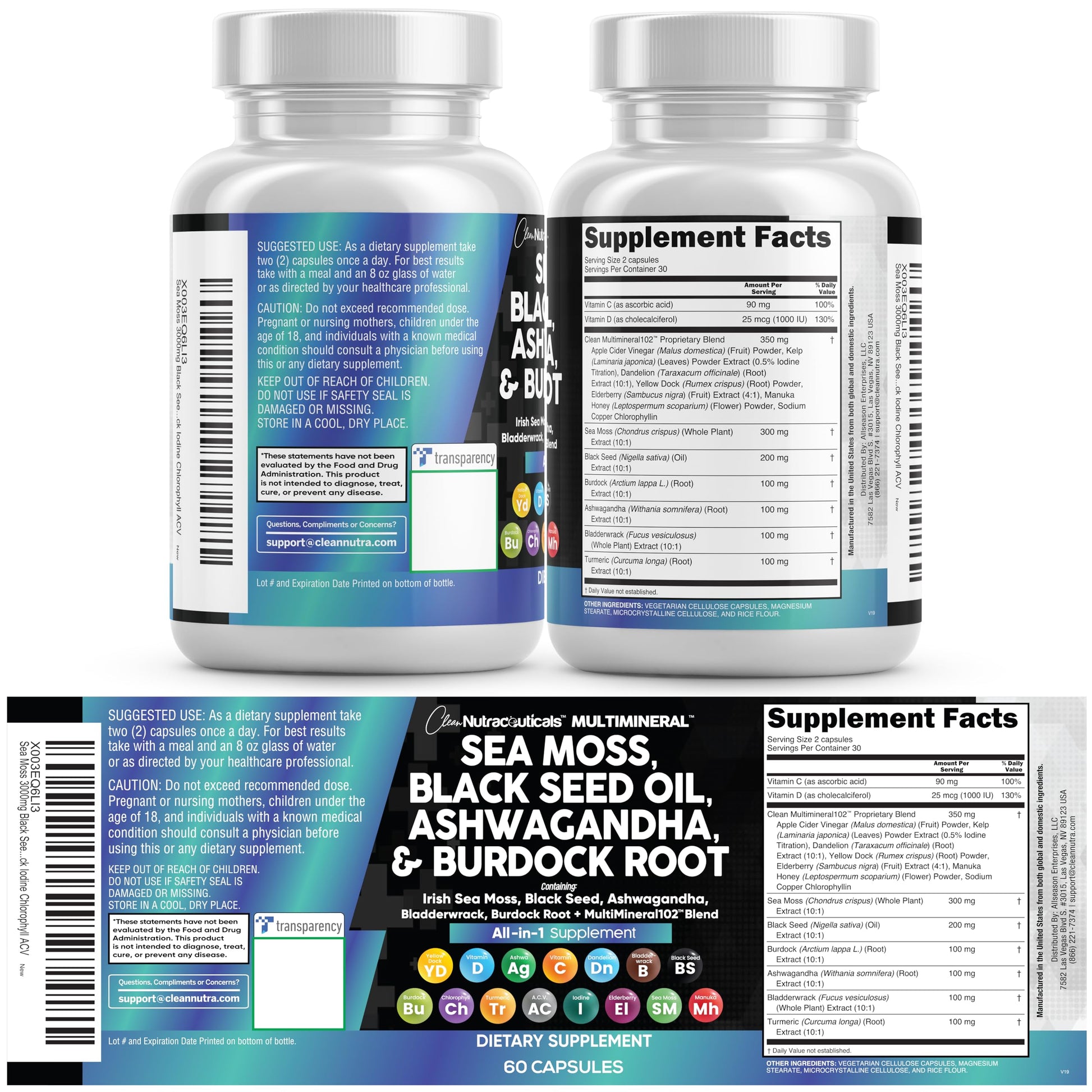 Clean Nutraceuticals Sea Moss Black Seed Oil Ashwagandha Turmeric Bladderwrack Burdock & Vitamin C Vitamin D3 with Elderberry Clean Nutraceuticals buy supplements canada