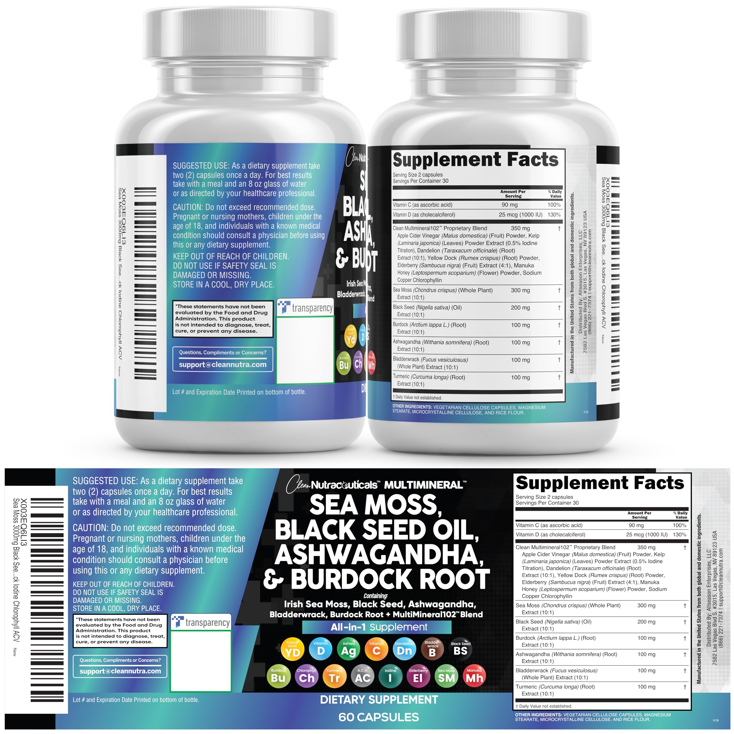 Clean Nutraceuticals Sea Moss Black Seed Oil Ashwagandha Turmeric Bladderwrack Burdock & Vitamin C Vitamin D3 with Elderberry Clean Nutraceuticals buy supplements canada