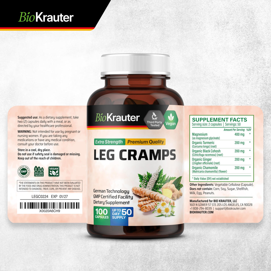 BIO KRAUTER® Magnesium Glycinate for Leg Сramps & Relax - 5-in-1 Formula Magnesium Glycinate 400mg with Turmeric, Black Cohosh, Ginger, Chamomile 1200 mg 100 Caps - No Fillers, Non-GMO, 50-Day Supply BIO KRAUTER buy supplements canada