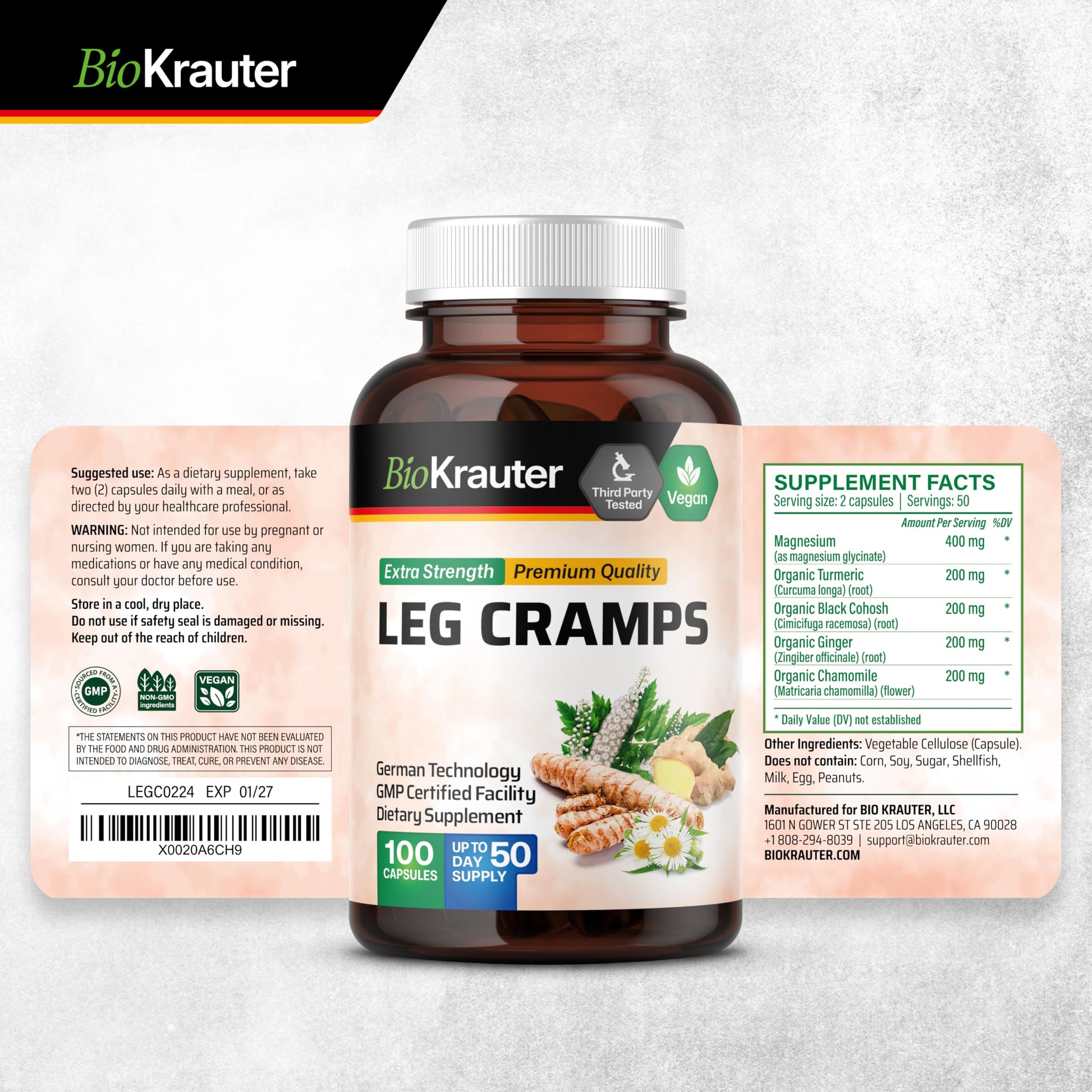 BIO KRAUTER® Magnesium Glycinate for Leg Сramps & Relax - 5-in-1 Formula Magnesium Glycinate 400mg with Turmeric, Black Cohosh, Ginger, Chamomile 1200 mg 100 Caps - No Fillers, Non-GMO, 50-Day Supply BIO KRAUTER buy supplements canada