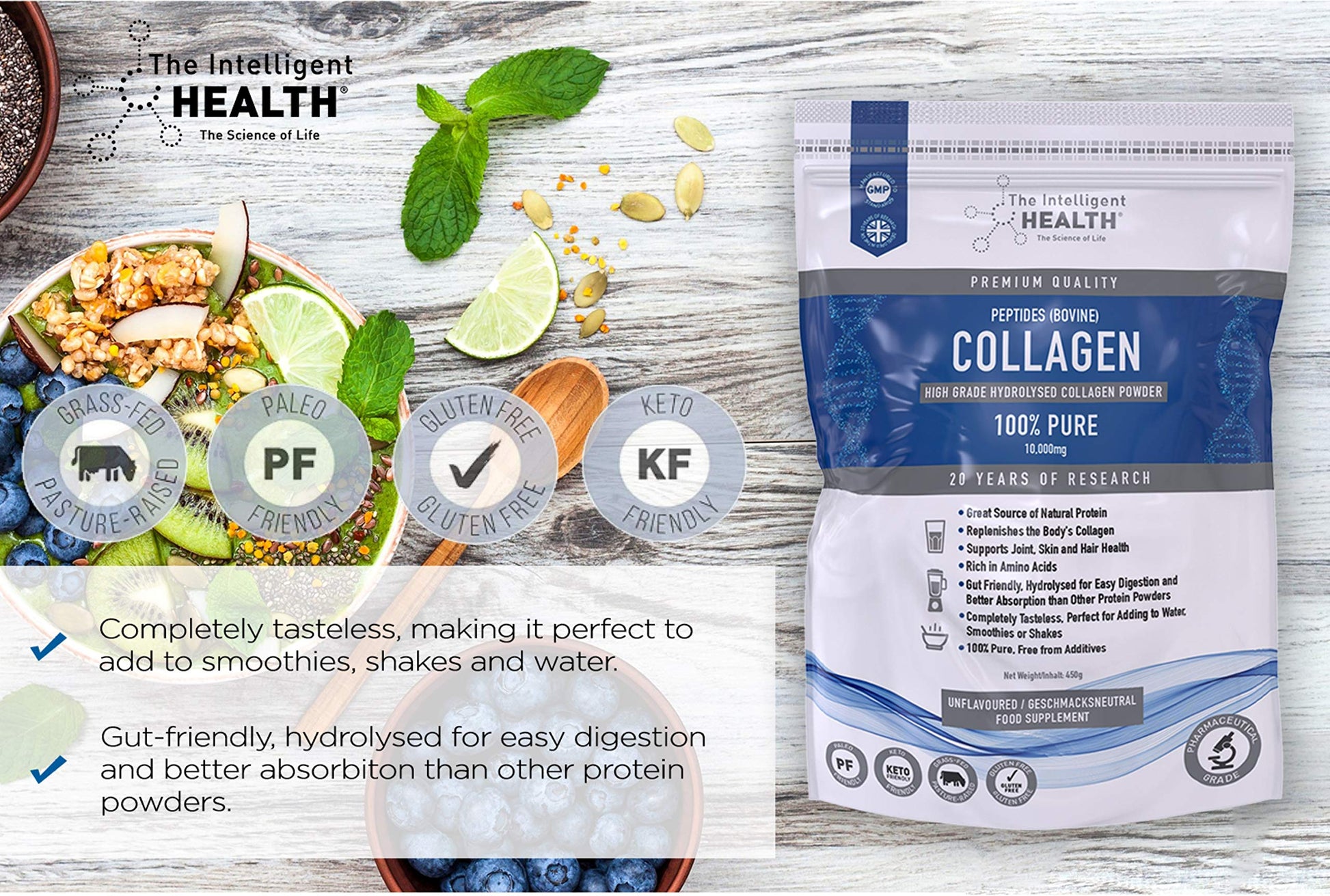 Hydrolysed Collagen Powder (Bovine) - High Protein Grass Fed Unflavoured Peptides The Intelligent Health buy supplements canada