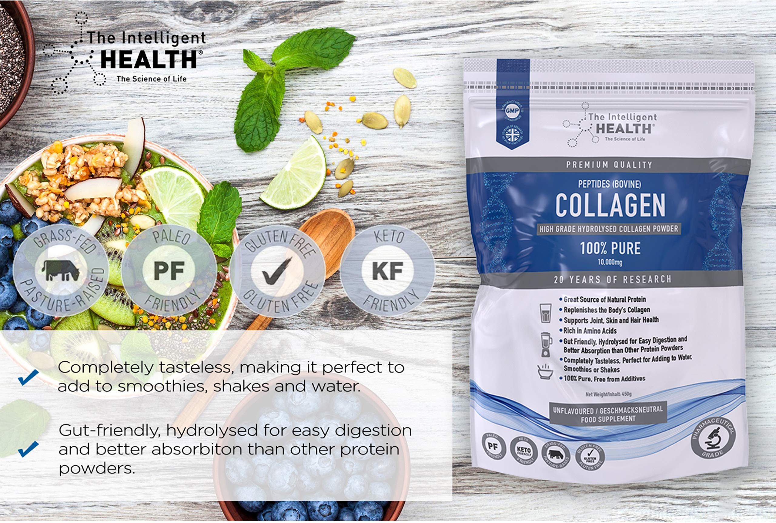 Hydrolysed Collagen Powder (Bovine) - High Protein Grass Fed Unflavoured Peptides The Intelligent Health buy supplements canada
