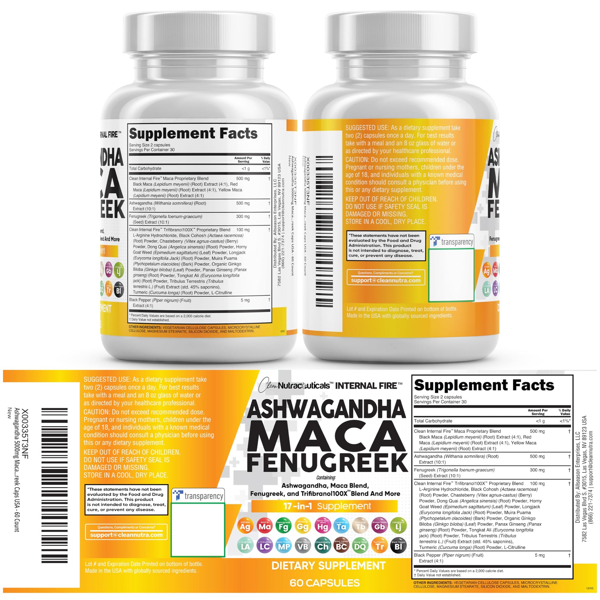 Clean Nutraceuticals Ashwagandha Maca Root Fenugreek Supplement with Tongkat Ali Ginseng - Assists with Stress, Mood & Thyroid - Ashwagandha Capsules Fenugreek Caps - 1 Pack Clean Nutraceuticals buy supplements canada