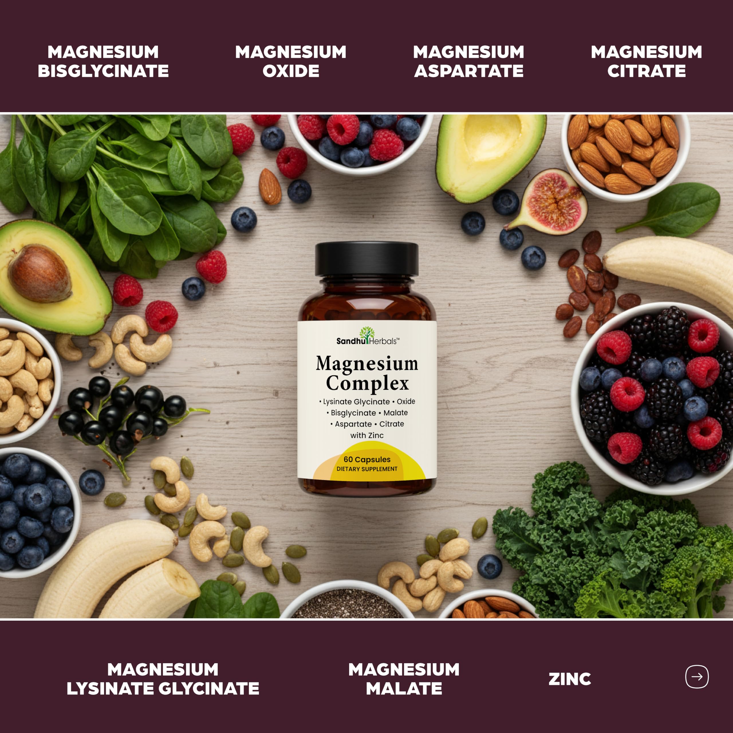 Complete Magnesium Complex 500mg for Women & Men | 60 Capsules | 6 in 1 Mag Supplement with Zinc | Quality Sleep & Muscle Health | Glycinate, Citrate SANDHUHERBALS buy supplements canada