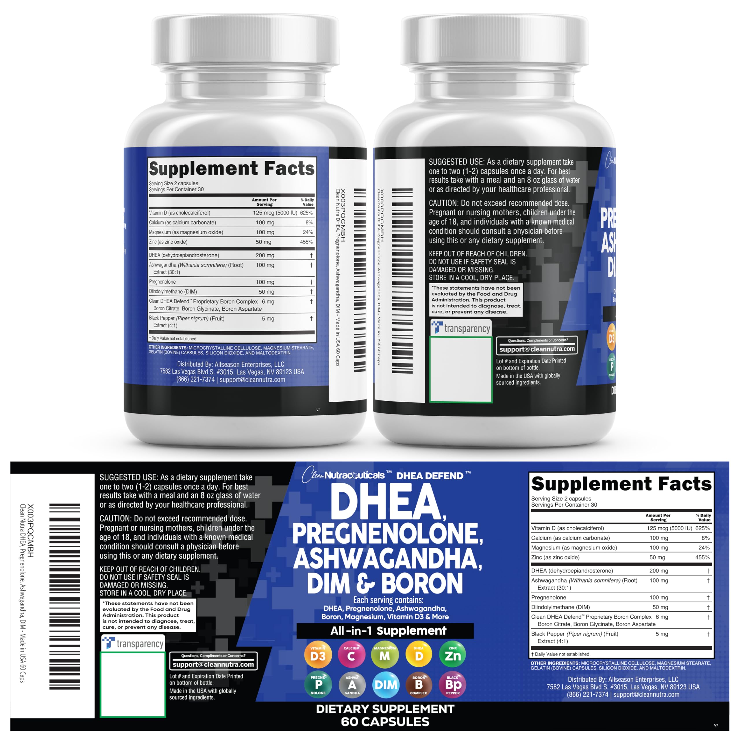 DHEA 200mg Supplement Pregnenolone 100mg for Men & Women with DIM Ashwagandha Boron 6mg Complex Calcium Magnesium Zinc 50mg Vitamin D3 5000 iu Hormone Support Capsules Pills - Made in USA 60 Ct Clean Nutraceuticals buy supplements canada