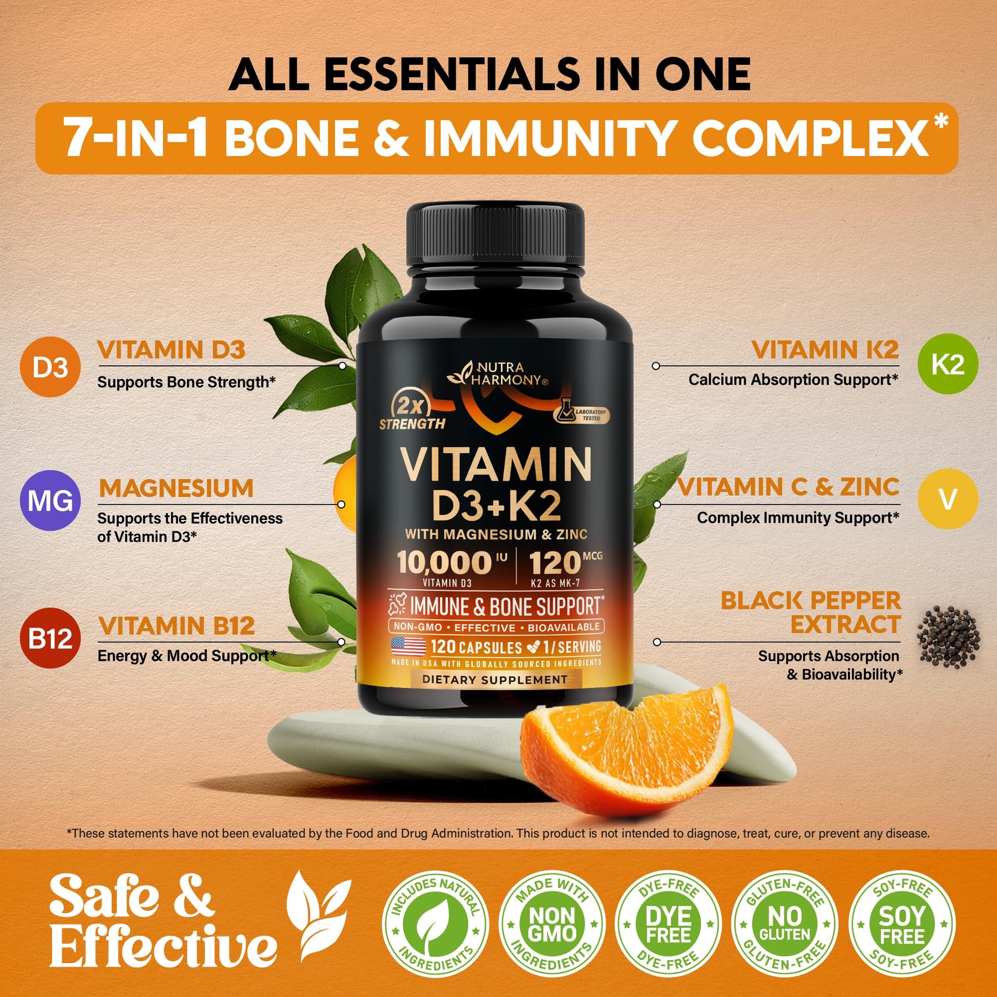 Vitamin D3 K2 - Vitamin D3 10000 iu & K2 as MK-7 120 mcg - Immune & Mood Support, for Bone & Teeth Health - with Magnesium, Zinc & Vitamin C & B12 - Highly Bioavailable NUTRAHARMONY buy supplements canada