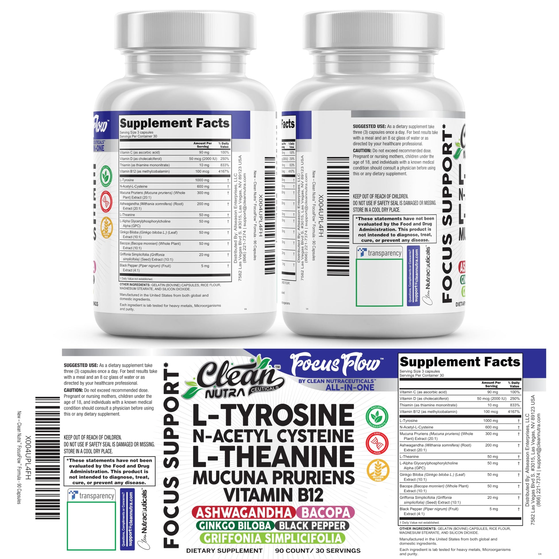 Focus Flow L-Tyrosine Vitamin B C D L-Theanine Ashwagandha Ginkgo Biloba Vitamin B12 Thiamine Black Pepper N-Acetylcysteine Mucuna Pruriens 90 Count Capsules by Clean Nutra Clean Nutraceuticals buy supplements canada