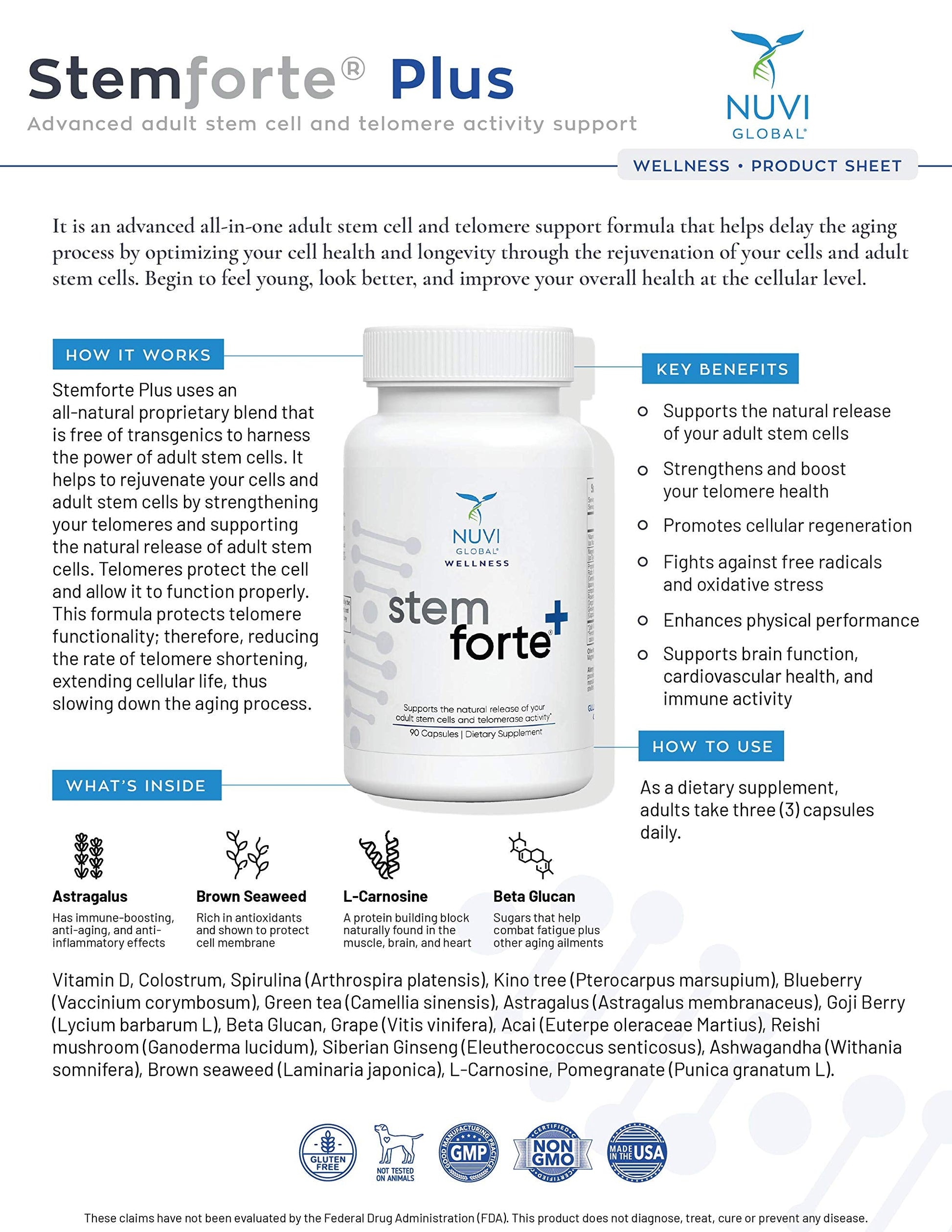 NuVi Global Stemforte Plus Stem Cell and Telomere Supplements – Cell Regeneration, Cell Growth & Telomere Support for Healthy Aging & Cellular Health – 90 Capsules for Men & Women NuVi Global buy supplements canada