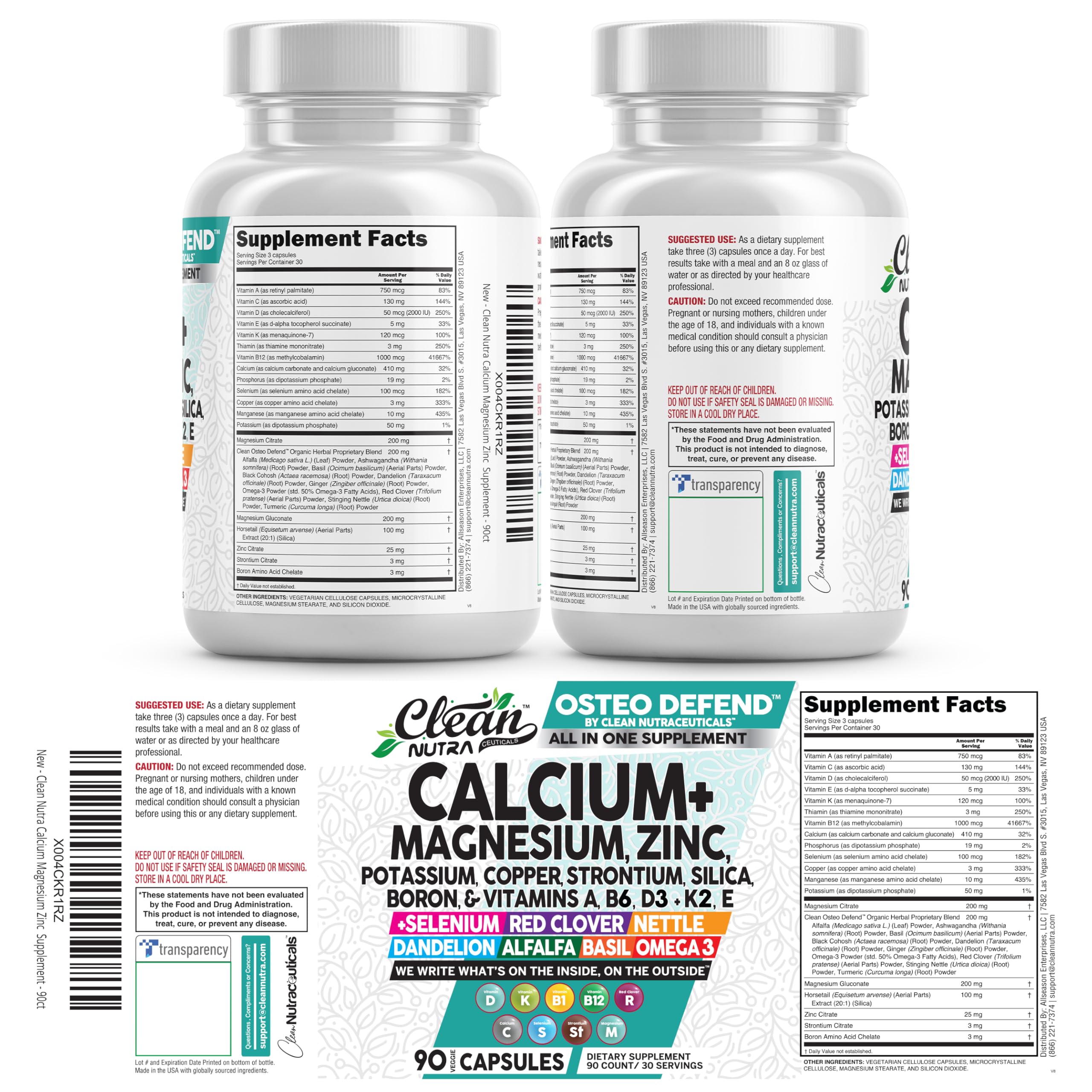 Allin1 Calcium Magnesium Zinc Supplement with Potassium, Copper, Strontium, Silica, Vitamin D3 K2, Boron, Vitamin B1 B12 Red Clover Herb Alfalfa Basil Pills for Men Clean Nutraceuticals buy supplements canada