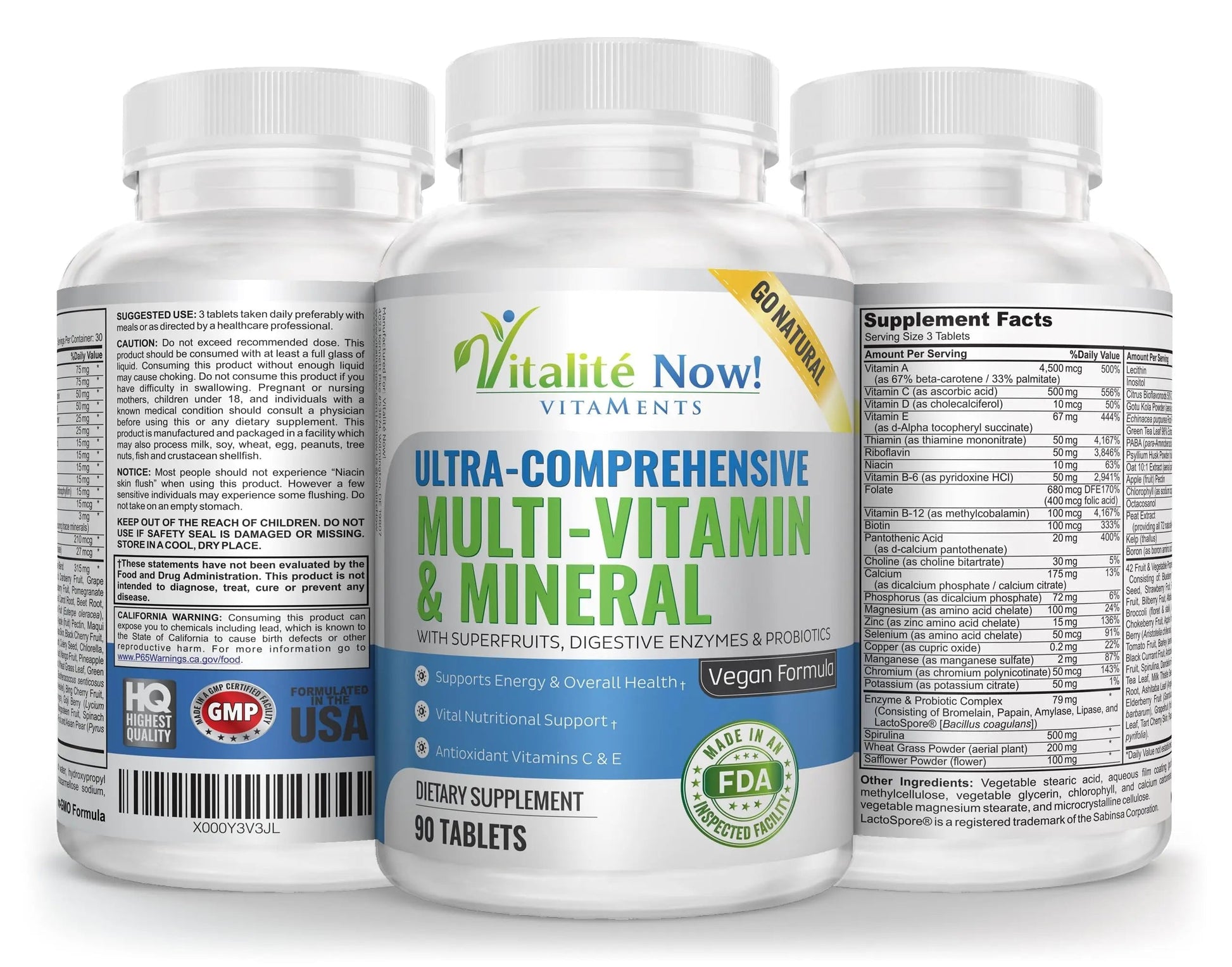 Vegan Whole Food Multivitamin & Mineral - Vitamins A B1 B2 B6 B12 C D3 E & 110 Super Foods, Herbs, Greens & Reds Vitalité Now! buy supplements canada