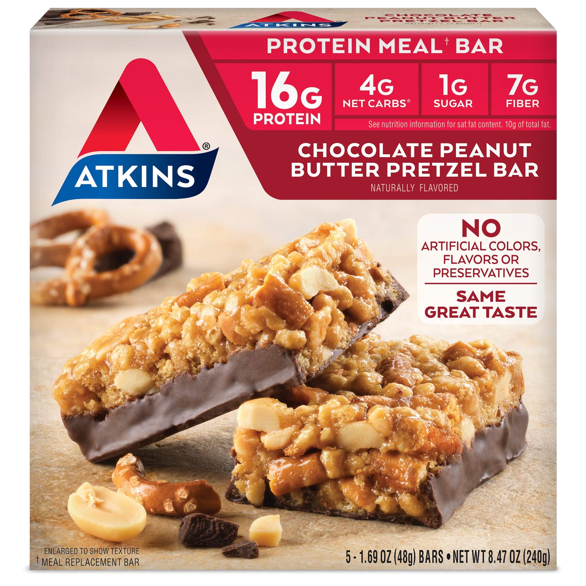 Atkins Chocolate Peanut Butter Pretzel Protein Meal Bar, High Fiber, 16g Protein, 1g Sugar Atkins buy supplements canada