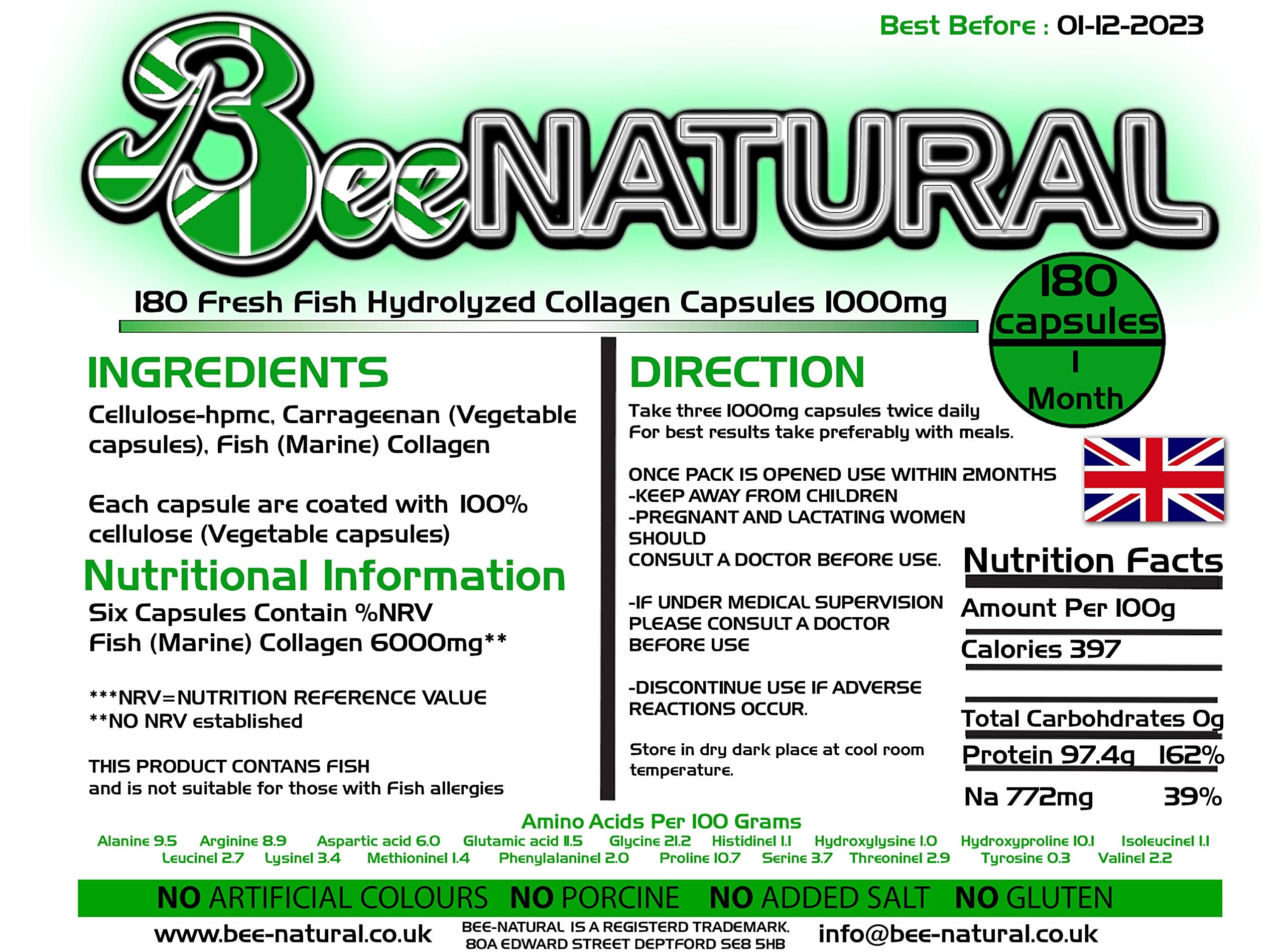 Bee-natural Pure Marine Hydrolyzed Collagen 1000mg 180 Capsules (1 Month Supply) Bee-natural buy supplements canada