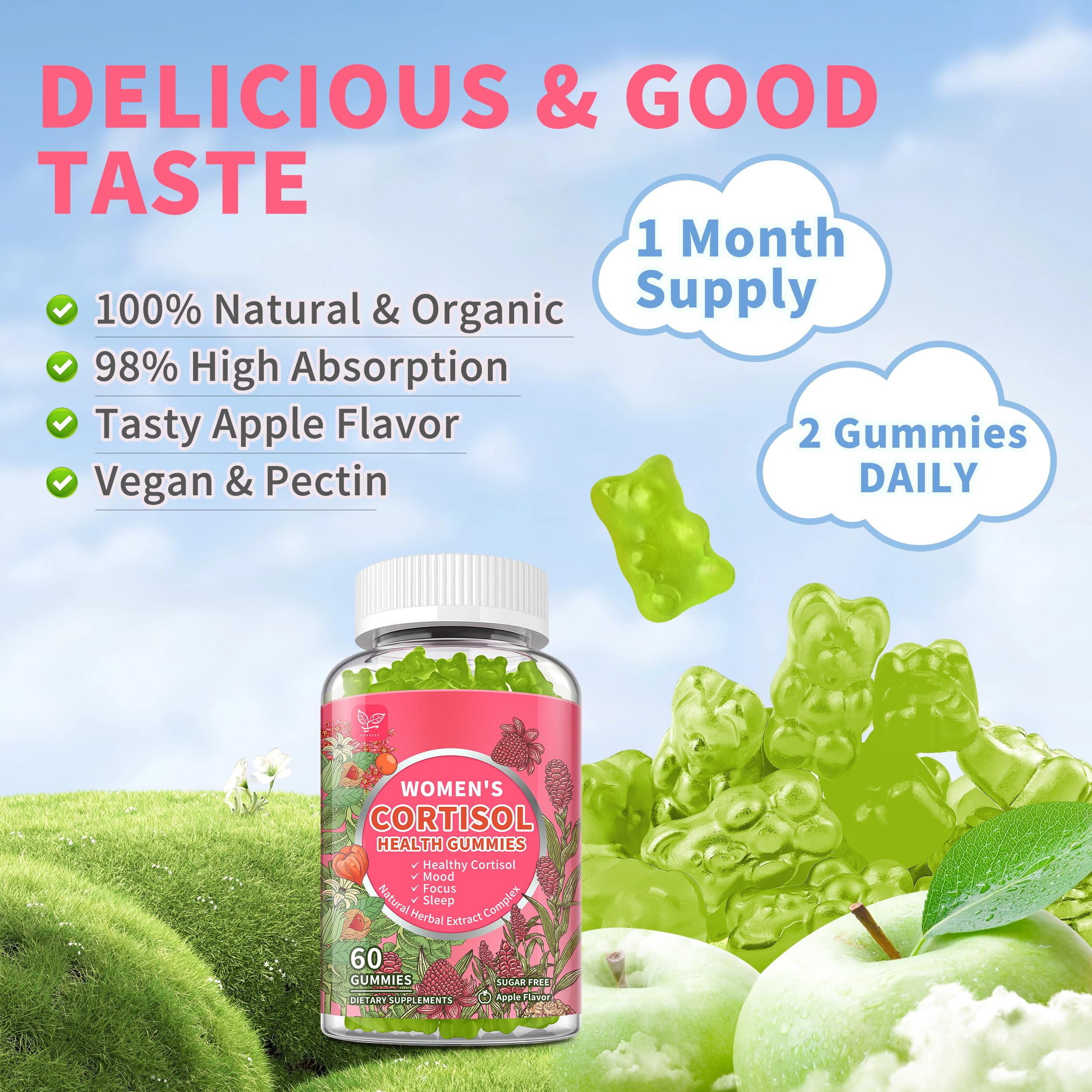Cortisol Gummies for Women,Cortisol Manager with Ashwagandha,Magnesium,L-theanine,Phosphatidylserine,Rhodiola Rosea,Black Pepper for Mood Support,Adrenal Balance,Sleep,Vegan,Apple Flavor,60 Count Hudetex buy supplements canada
