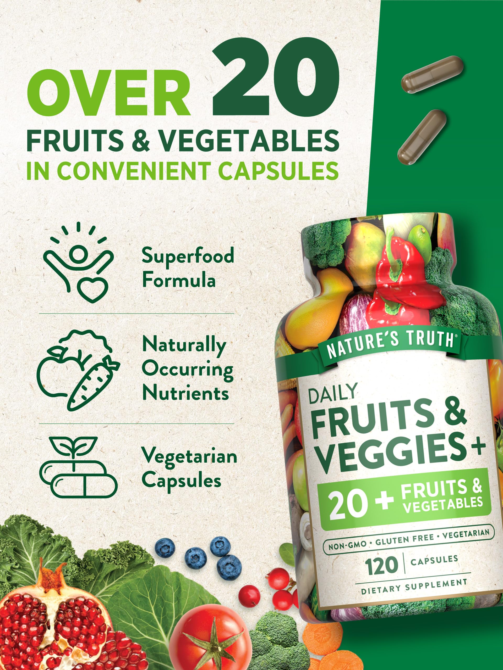 Nature's Truth Fruit and Veggies Supplement | 120 Vegetarian Capsules | 20+ Fruits & Vegetables | Vegetarian, Non-GMO, and Gluten Free Supplement Nature's Truth buy supplements canada