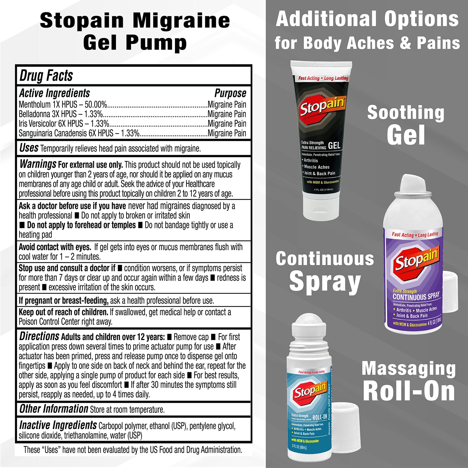 Stopain Migraine Pain Relief Gel Pump, 1.62oz, USA Made, Max Strength Fast Acting Research Proven Topical Effective at Any Stage, No Known Side Effects or Drug Interactions, HSA FSA Approved Products Stopain buy supplements canada