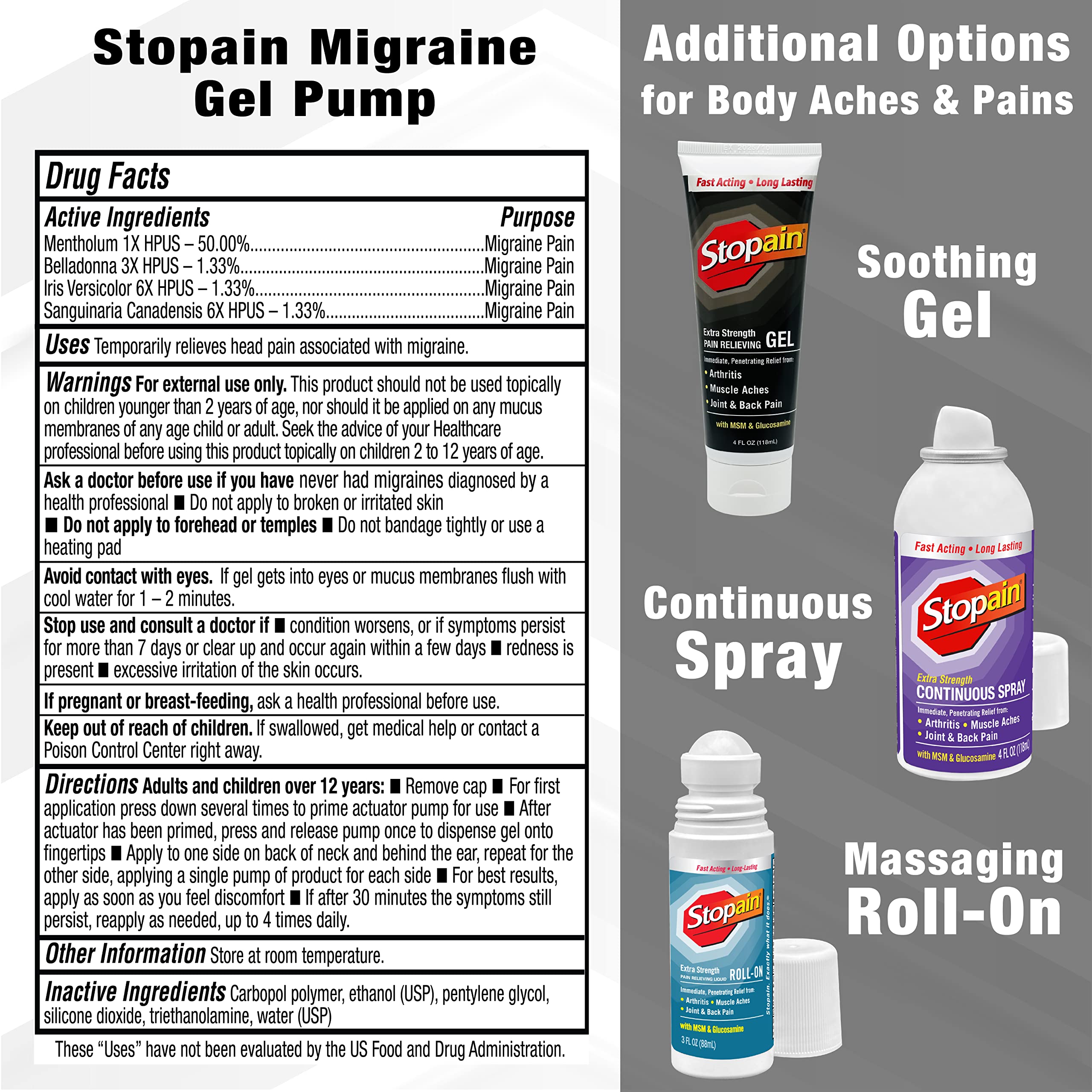 Stopain Migraine Pain Relief Gel Pump, 1.62oz (2 Pack), USA Made, Max Strength Fast Acting Research Proven Effective Topical, No Known Side Effects or Drug Interactions, HSA FSA Approved Products Stopain buy supplements canada